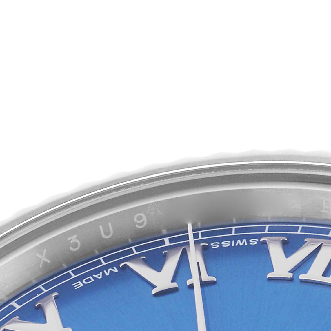 The image shows a close-up of the Rolex Datejust 41 (model 116334) focusing on the dial, bezel, crystal, and Roman numerals.