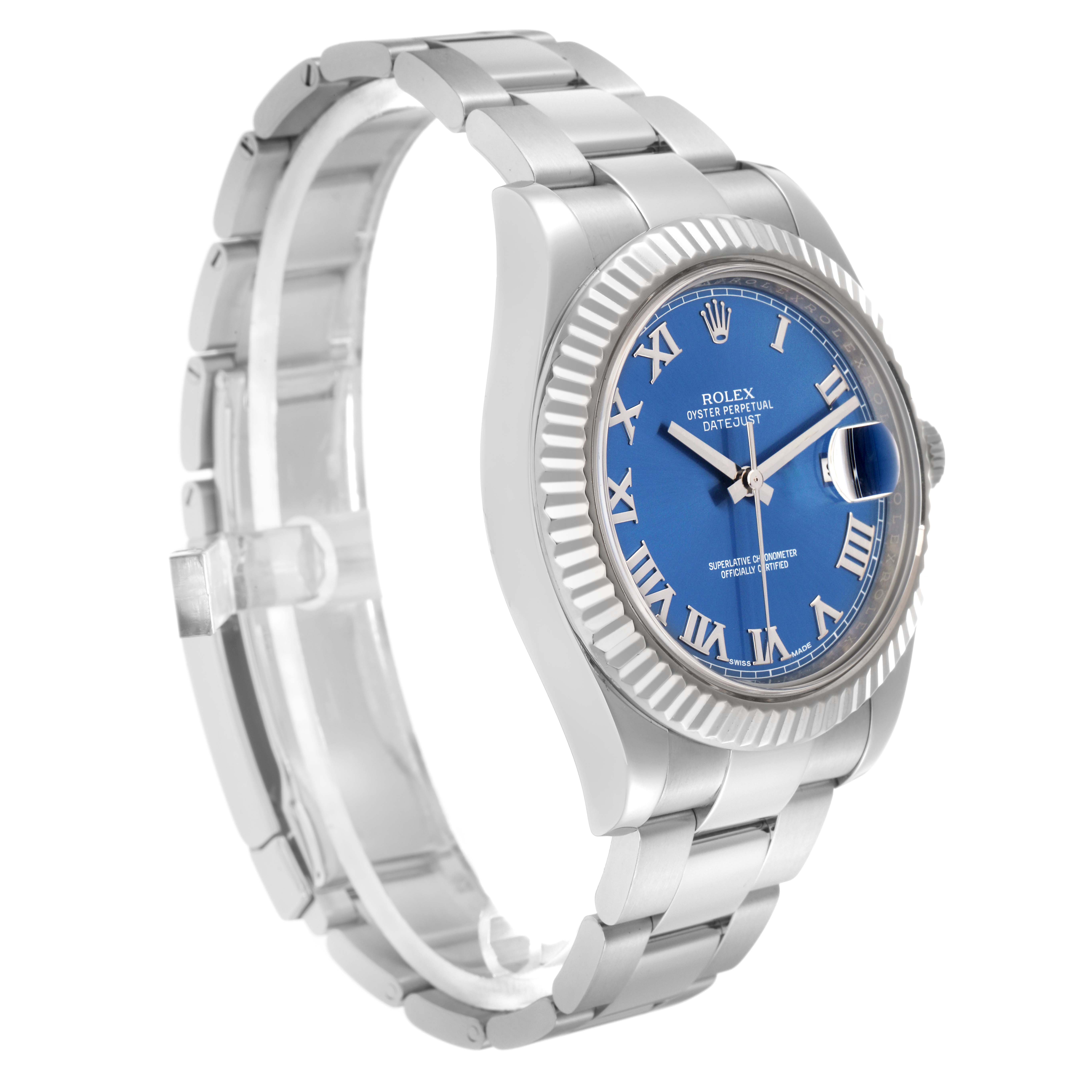 The Rolex Datejust 41 model 116334 watch is shown at an angled side view, highlighting the blue dial, fluted bezel, and the bracelet with its clasp partially visible.