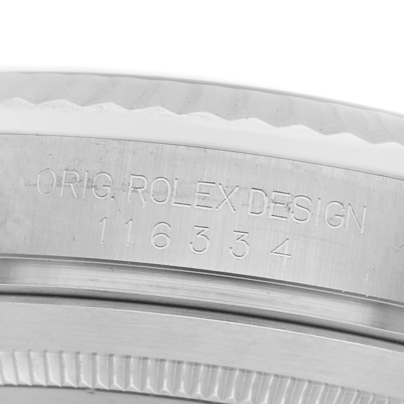 The image shows a close-up angle of the side of the Rolex Datejust 41, model number 116334, displaying the engraved "ORIG. ROLEX DESIGN" along with the model number.