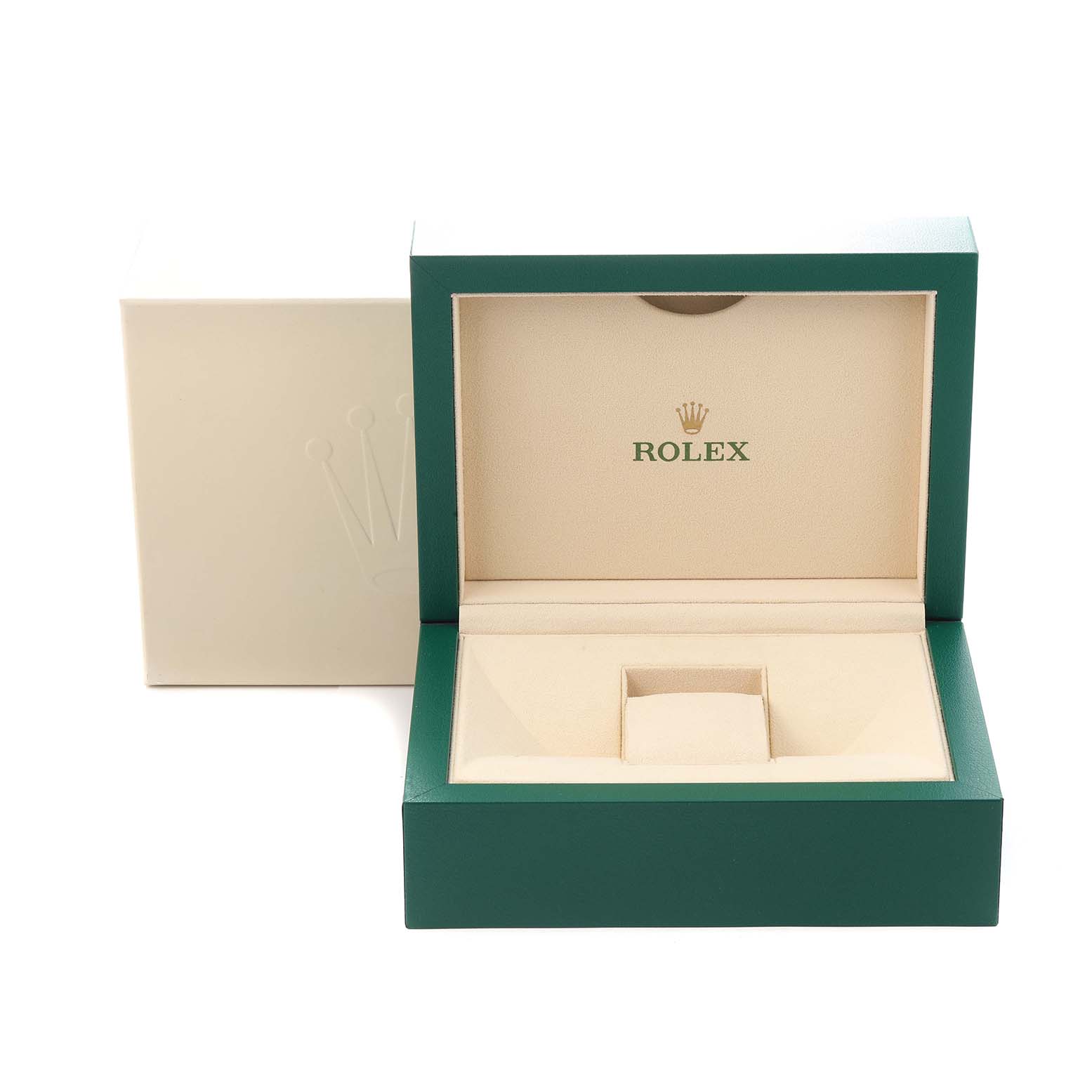 The image shows an open Rolex watch box for the Datejust 41, model number 116334, with a beige interior and the Rolex logo.