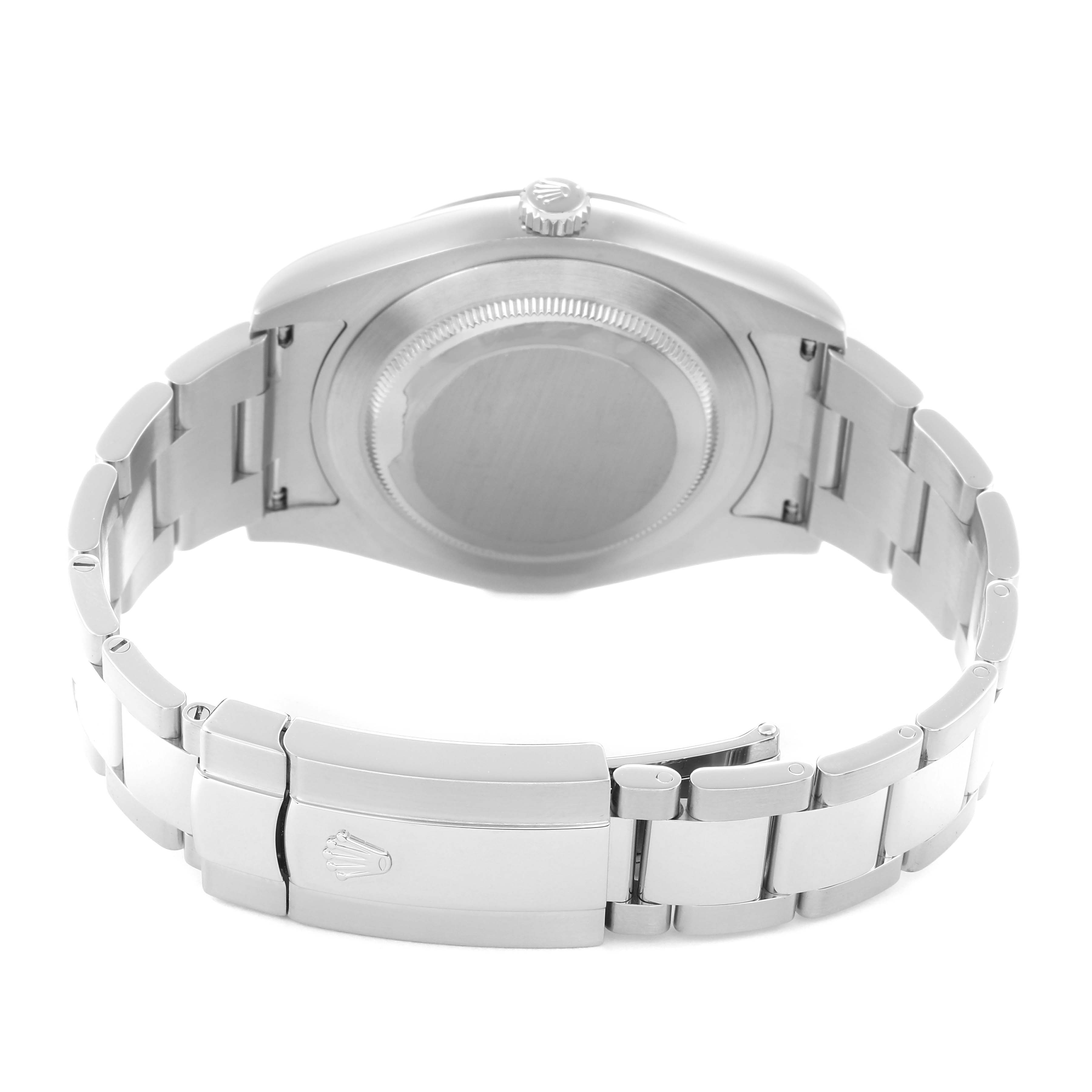 The image shows the back view of a Rolex Datejust 41, model number 116334, highlighting the case back, crown, and bracelet clasp.