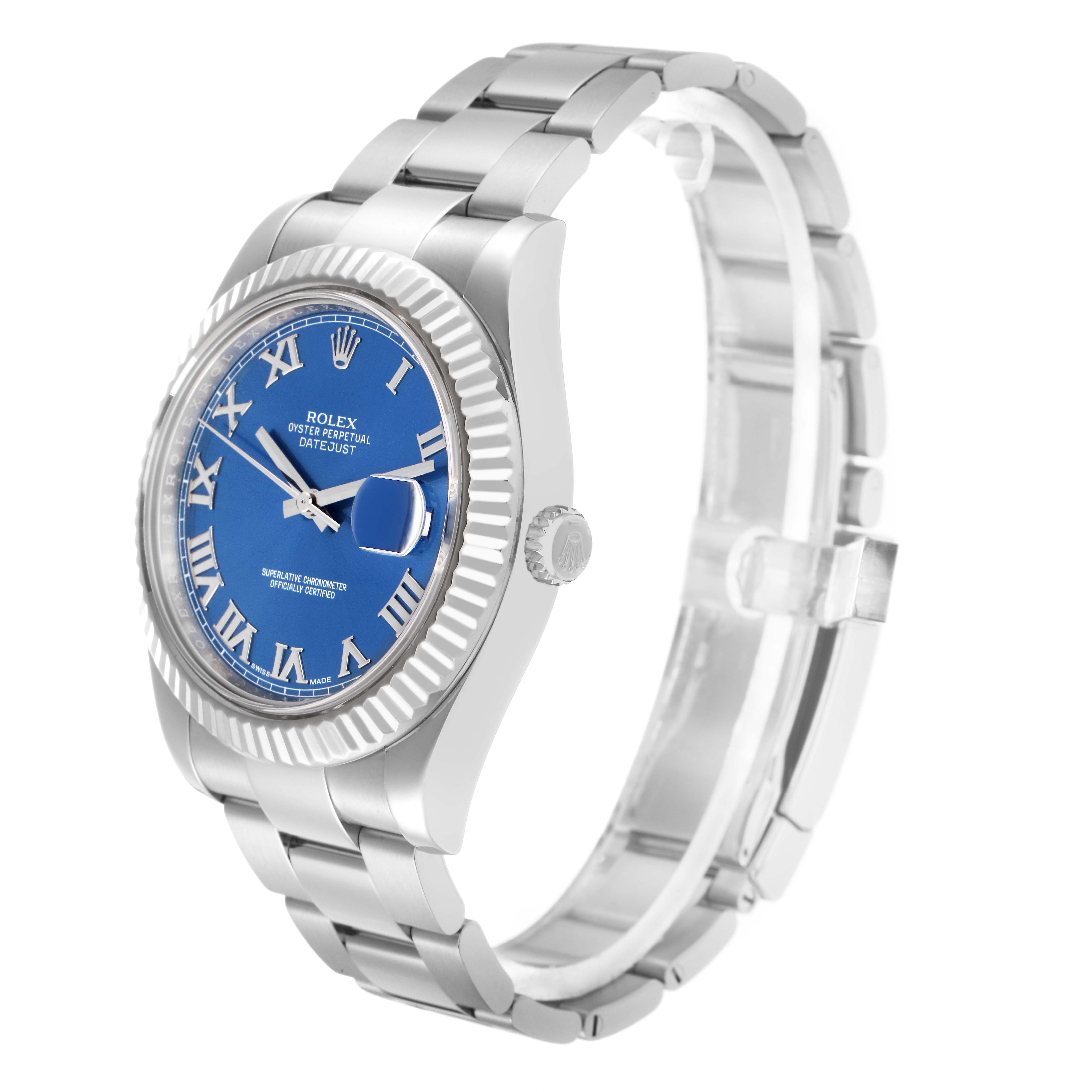 The image shows a side angle of the Rolex Datejust 41 model 116334, highlighting the blue dial, fluted bezel, crown, and stainless steel bracelet.