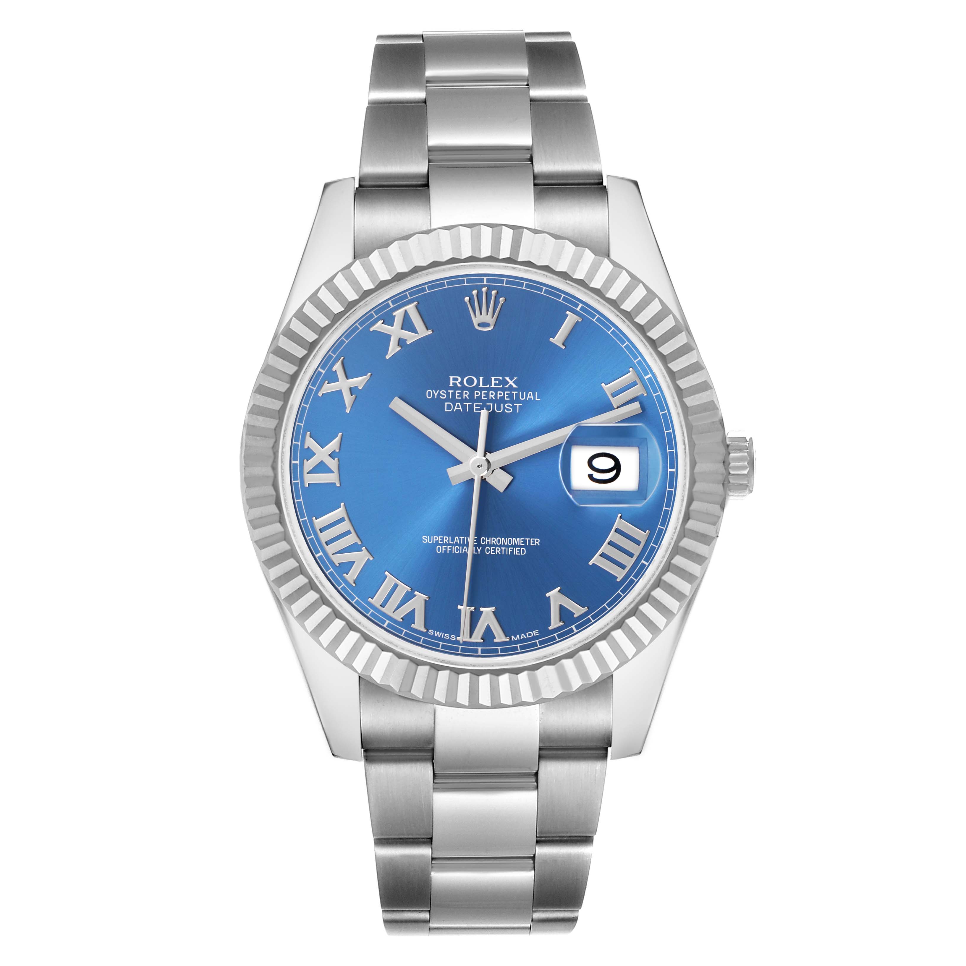 The Rolex Datejust 41 model 116334 is shown from the front, highlighting the blue dial, fluted bezel, and silver bracelet.