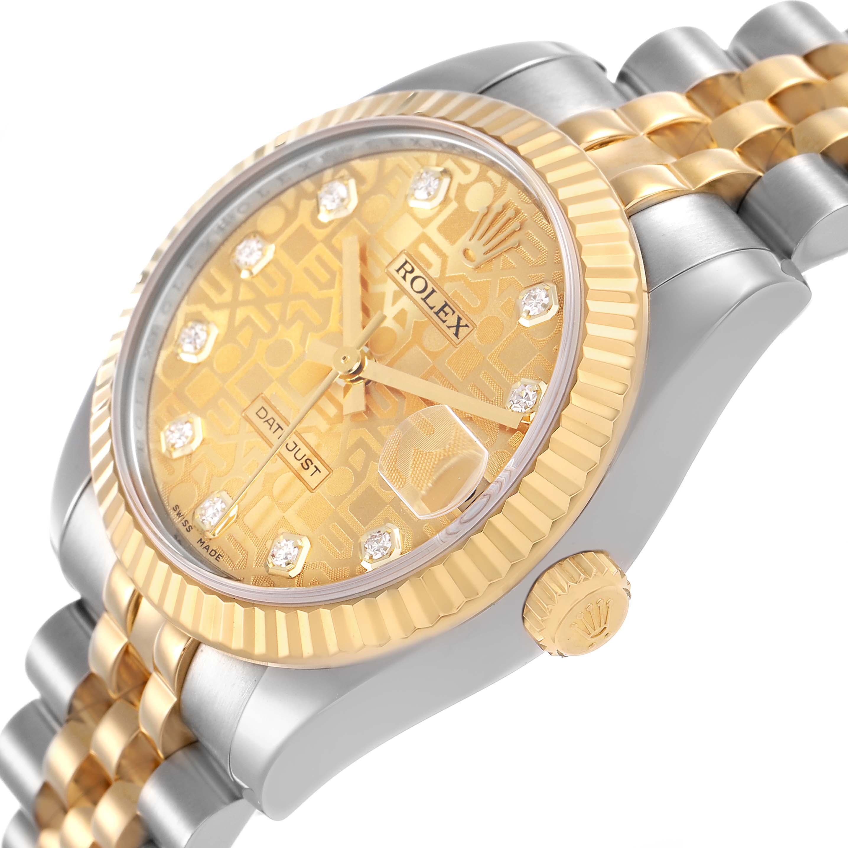 The image shows a side angle of the Rolex Mid-Size 178273 Women's Steel and Gold (two tone) Champagne Dial watch, highlighting the gold and silver bracelet, fluted bezel, and diamond hour markers.