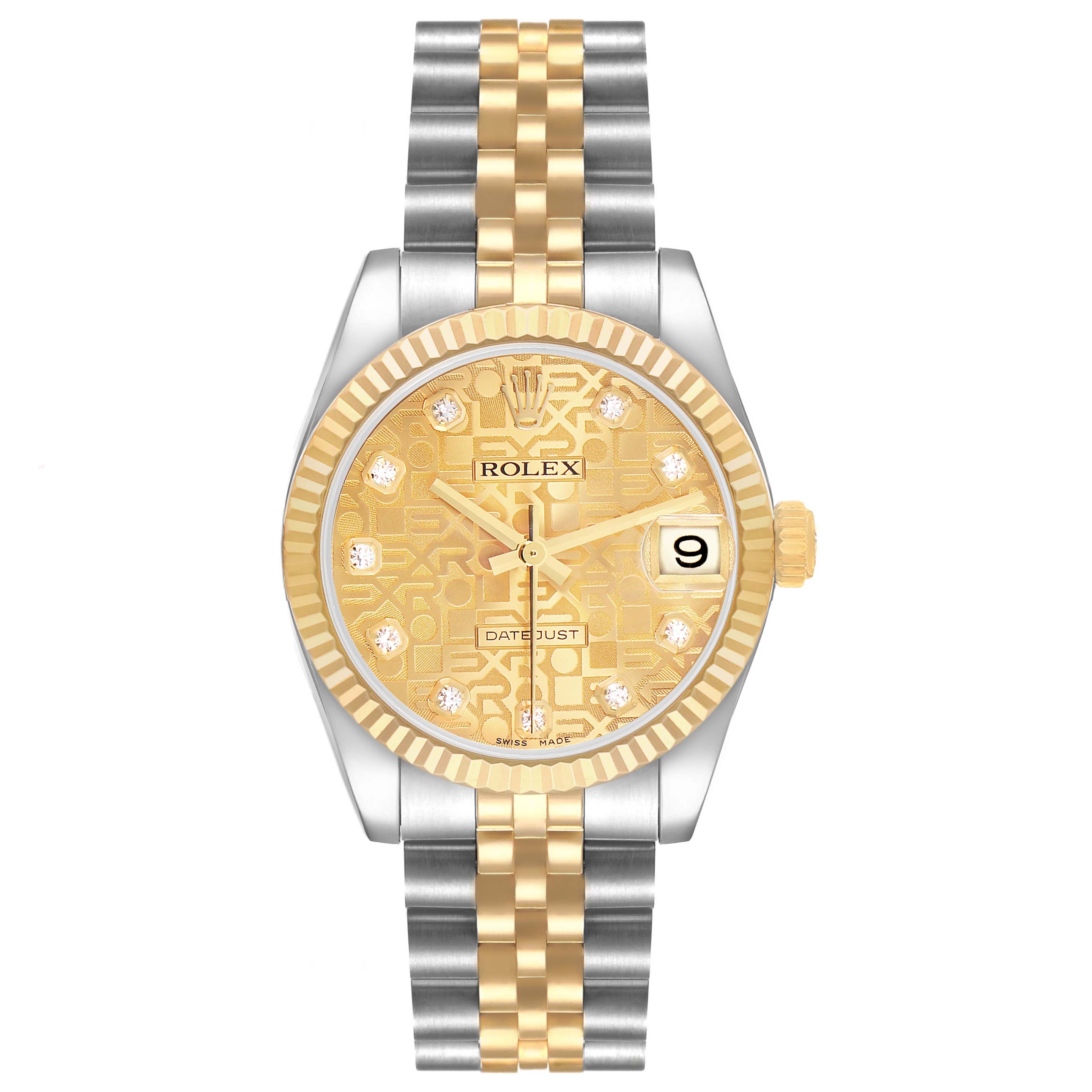 The Rolex Mid-Size 178273 Women's Steel and Gold (two tone) Champagne Dial Datejust is shown from the front, highlighting its gold patterned dial, jubilee bracelet, and fluted bezel.
