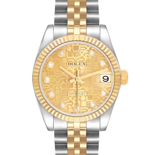 The Rolex Mid-Size 178273 Women's Steel and Gold (two tone) Champagne Dial model is shown from a front angle, highlighting the dial, bezel, and two-tone bracelet.