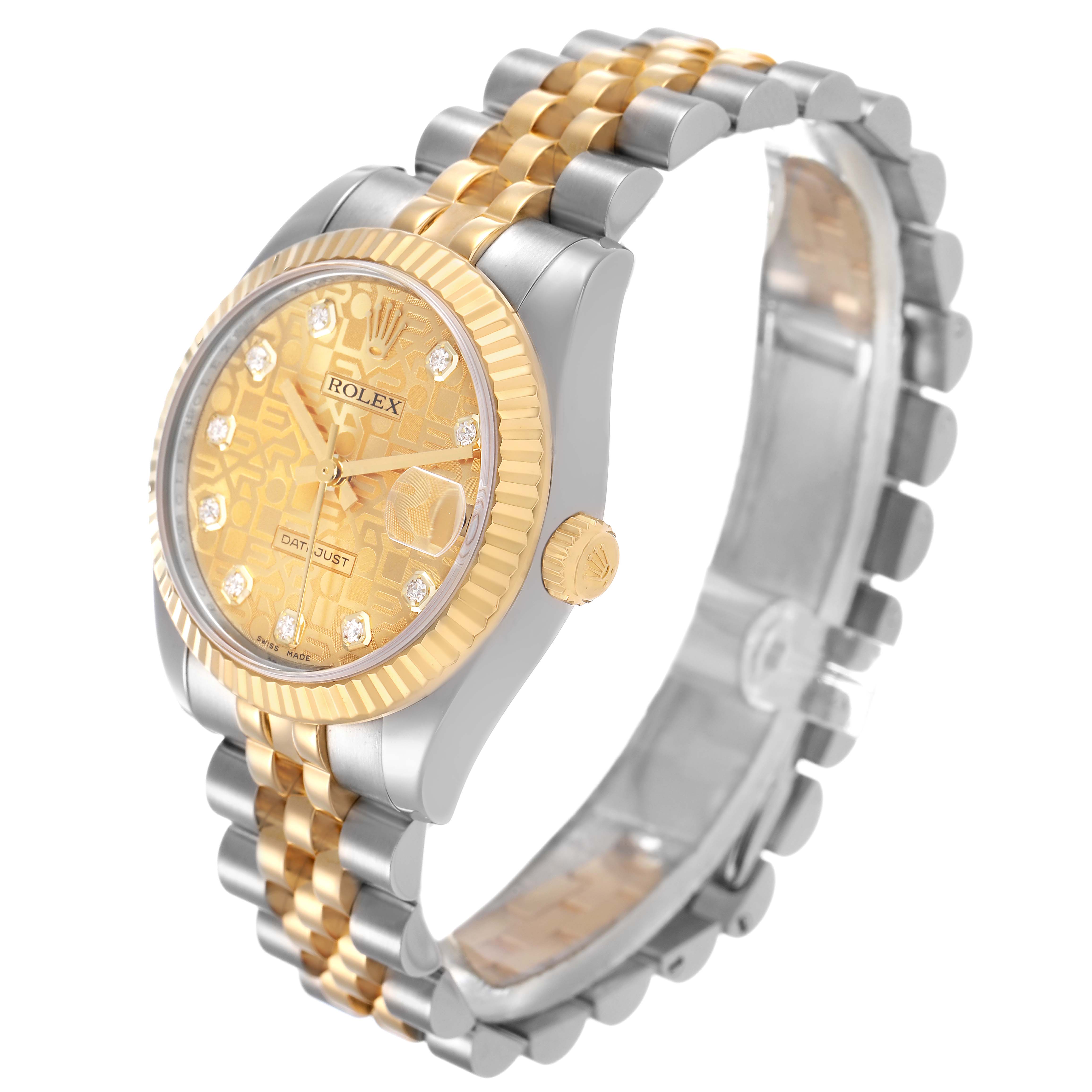 The Rolex Mid-Size 178273 Women's Steel and Gold (two tone) Champagne Dial watch is shown at a three-quarter angle, displaying the face, crown, bezel, and bracelet.