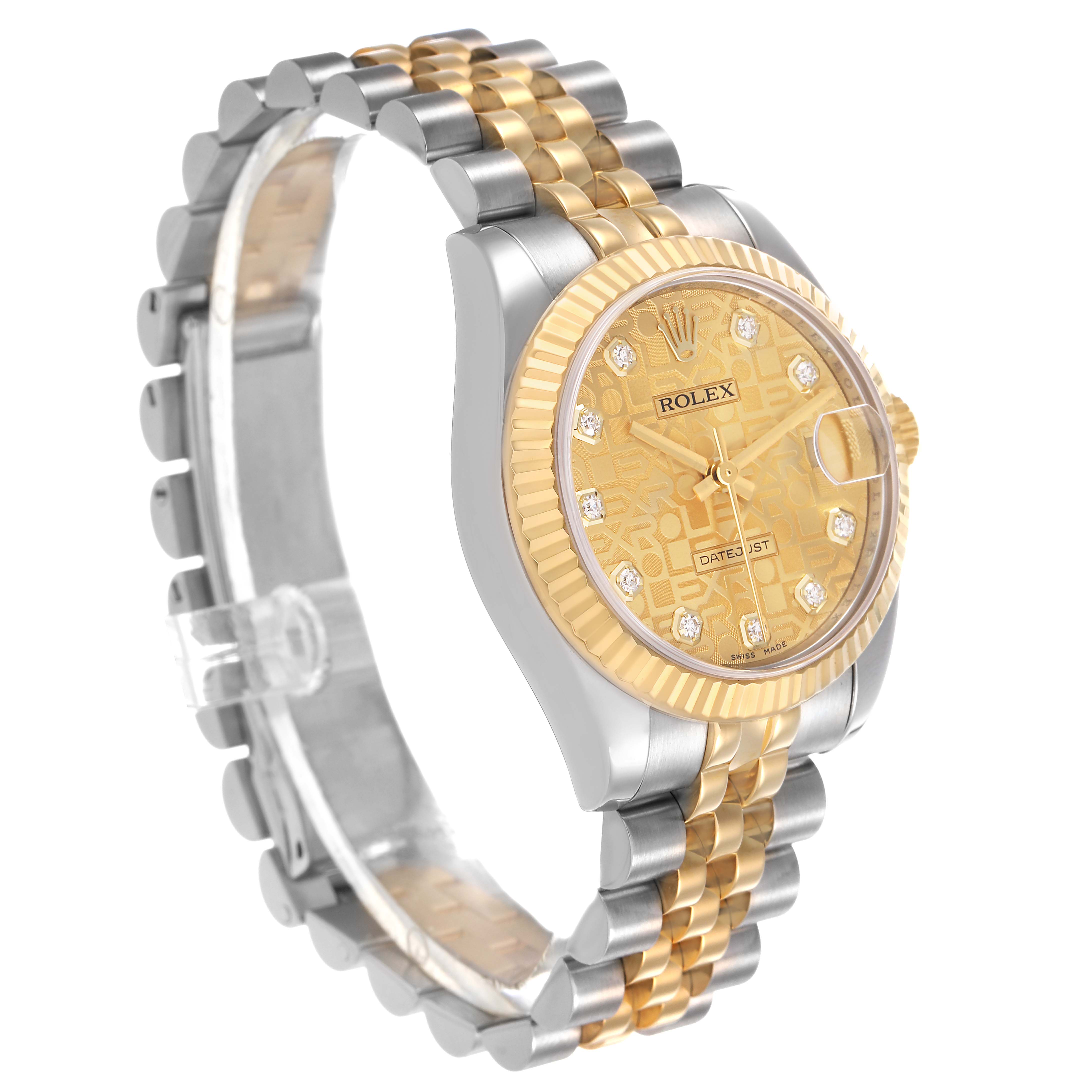 The Rolex Mid-Size 178273 Women's Steel and Gold (two tone) Champagne Dial watch is shown at an angled side view, displaying the dial, bezel, crown, and two-tone bracelet clearly.