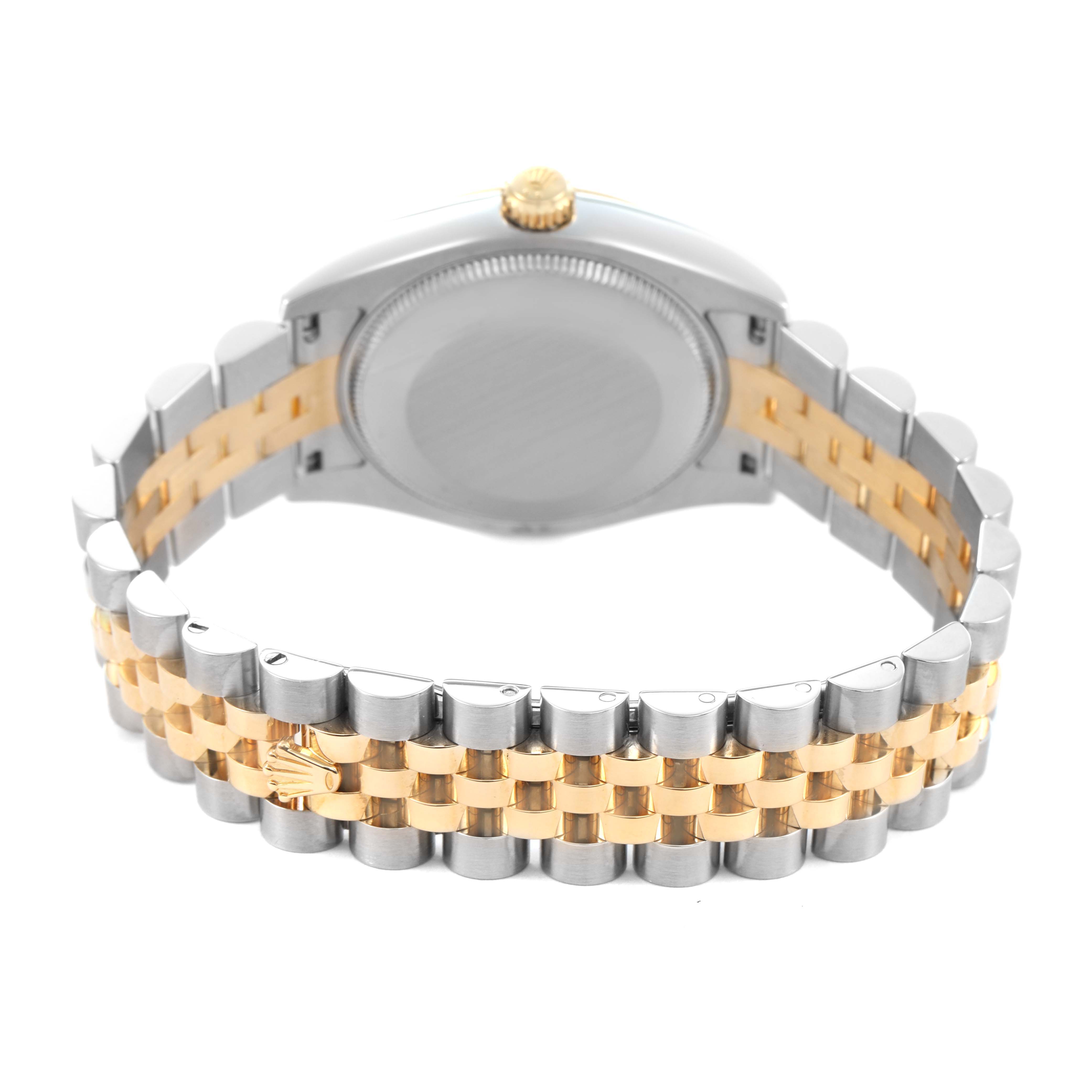 The Rolex Mid-Size 178273 Women's Steel and Gold (two tone) Champagne Dial watch is shown from the back, highlighting the two-tone bracelet and the case back.