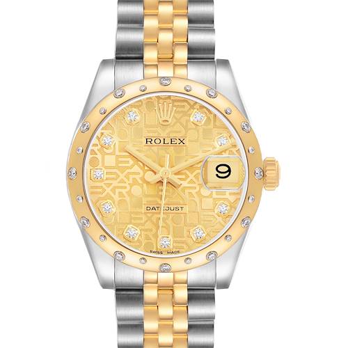 The Rolex Mid-Size 178343 Women's Steel and Gold (two tone) Champagne Dial watch is shown from the front, highlighting the dial, bezel, crown, and bracelet.