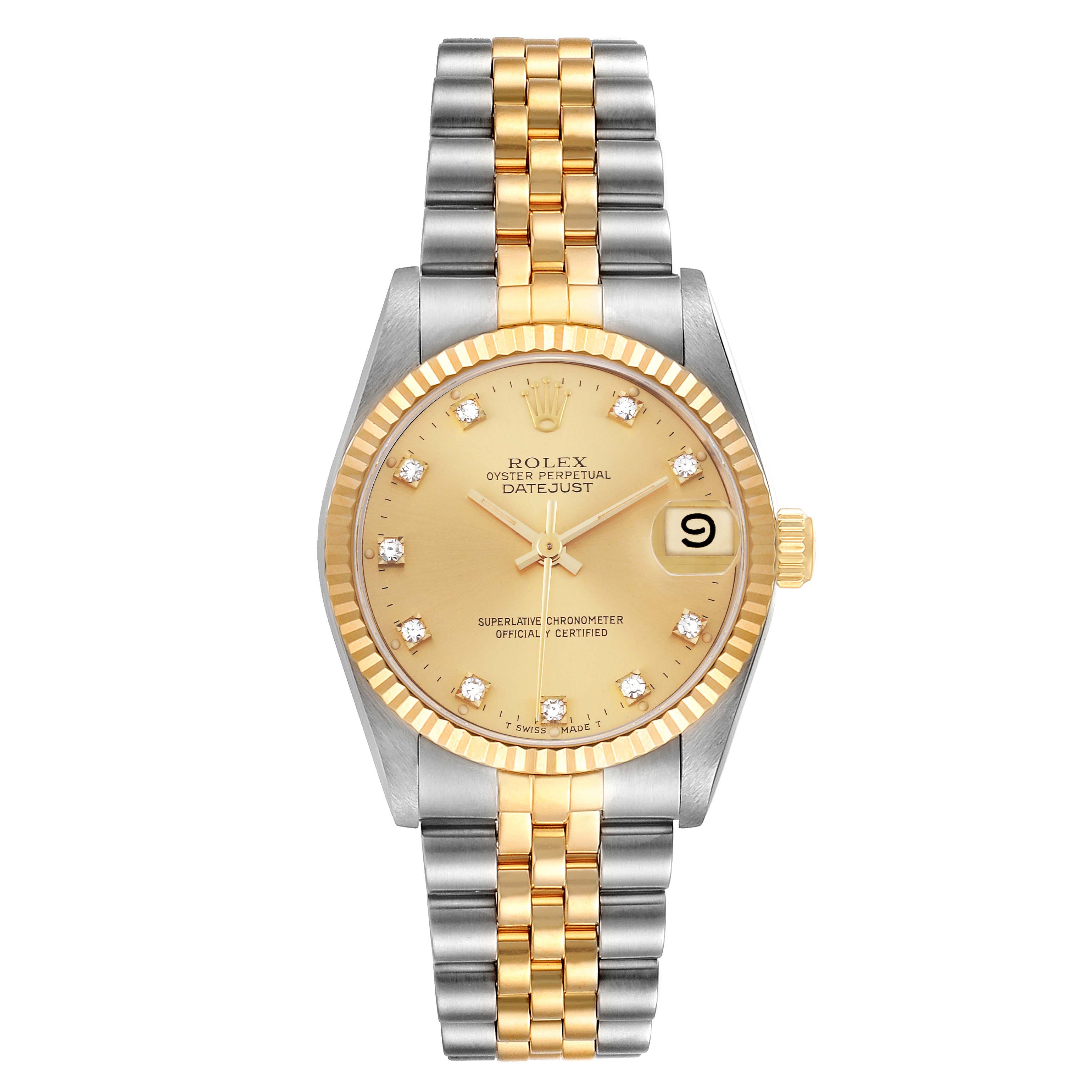 The Rolex Mid-Size 68273 Women
s Steel and Gold (two tone) Champagne Dial 68273 Women
s Steel and Gold (two tone) Champagne Dial watch is shown from the front, displaying its two-tone bracelet, bezel, and dial with date and diamond markers.