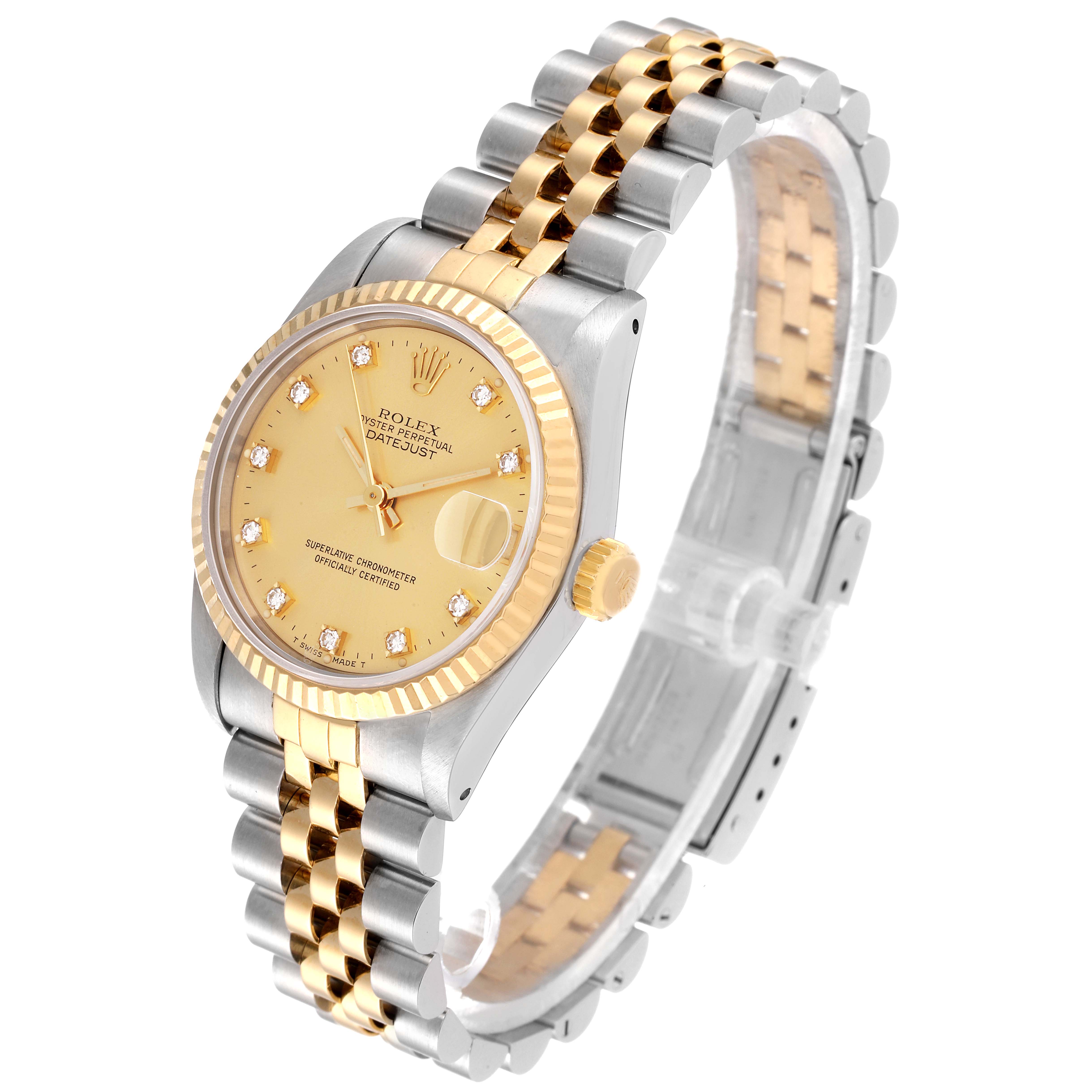 The image shows a Rolex Mid-Size 68273 Women
s Steel and Gold (two tone) Champagne Dial 68273 Women
s Steel and Gold (two tone) Champagne Dial Datejust watch at a three-quarter angle, highlighting the dial, bezel, crown, and jubilee bracelet.