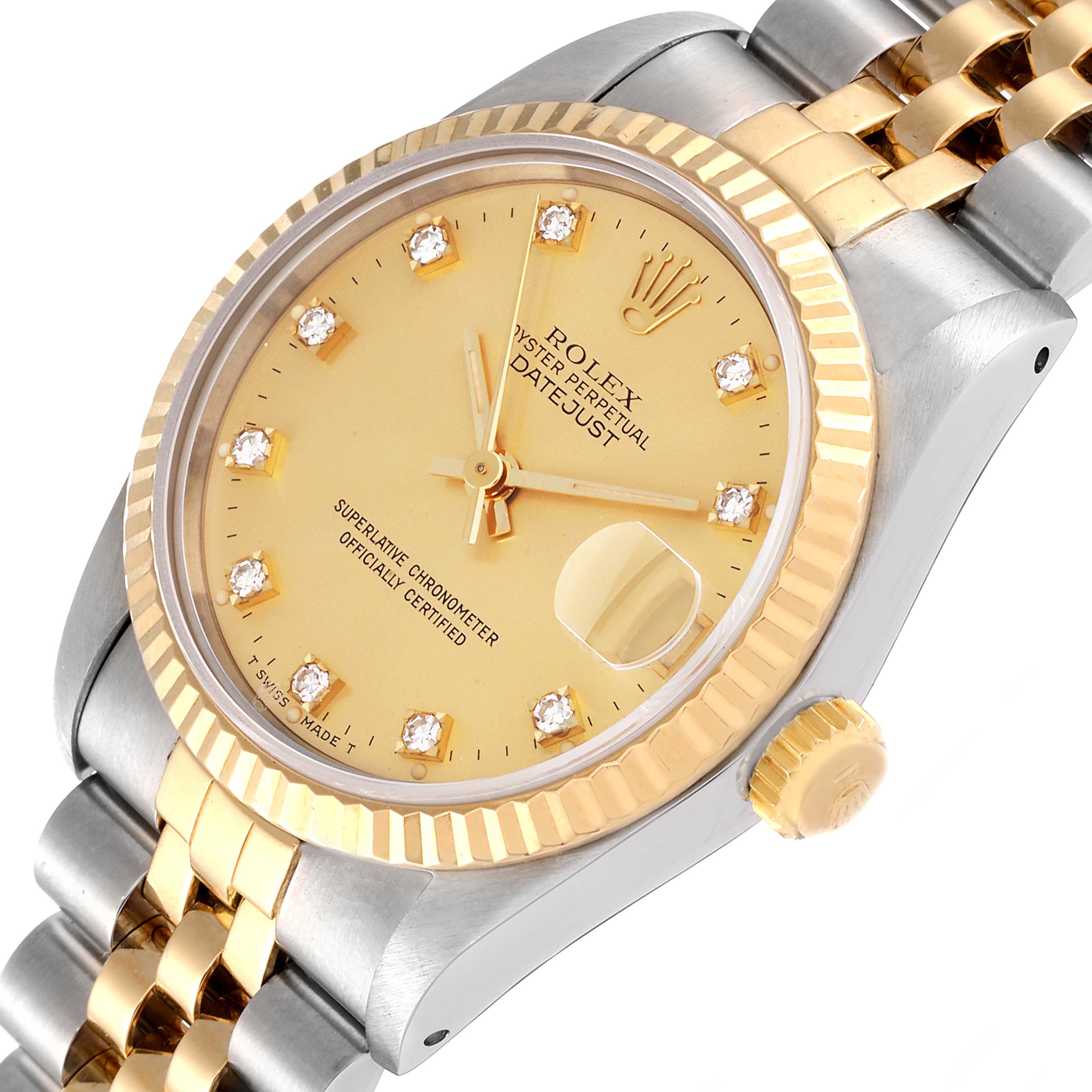 The Rolex Mid-Size 68273 Women
s Steel and Gold (two tone) Champagne Dial 68273 Women
s Steel and Gold (two tone) Champagne Dial Datejust watch is shown at an angle displaying the dial, crown, bezel, and part of the bracelet.