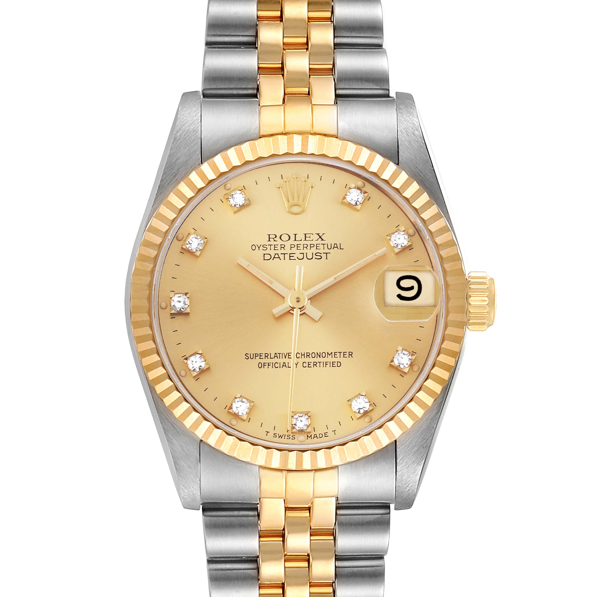 The image shows a Rolex Mid-Size 68273 Women
s Steel and Gold (two tone) Champagne Dial 68273 Women
s Steel and Gold (two tone) Champagne Dial Datejust watch face on, highlighting the dial, bezel, and two-tone bracelet.