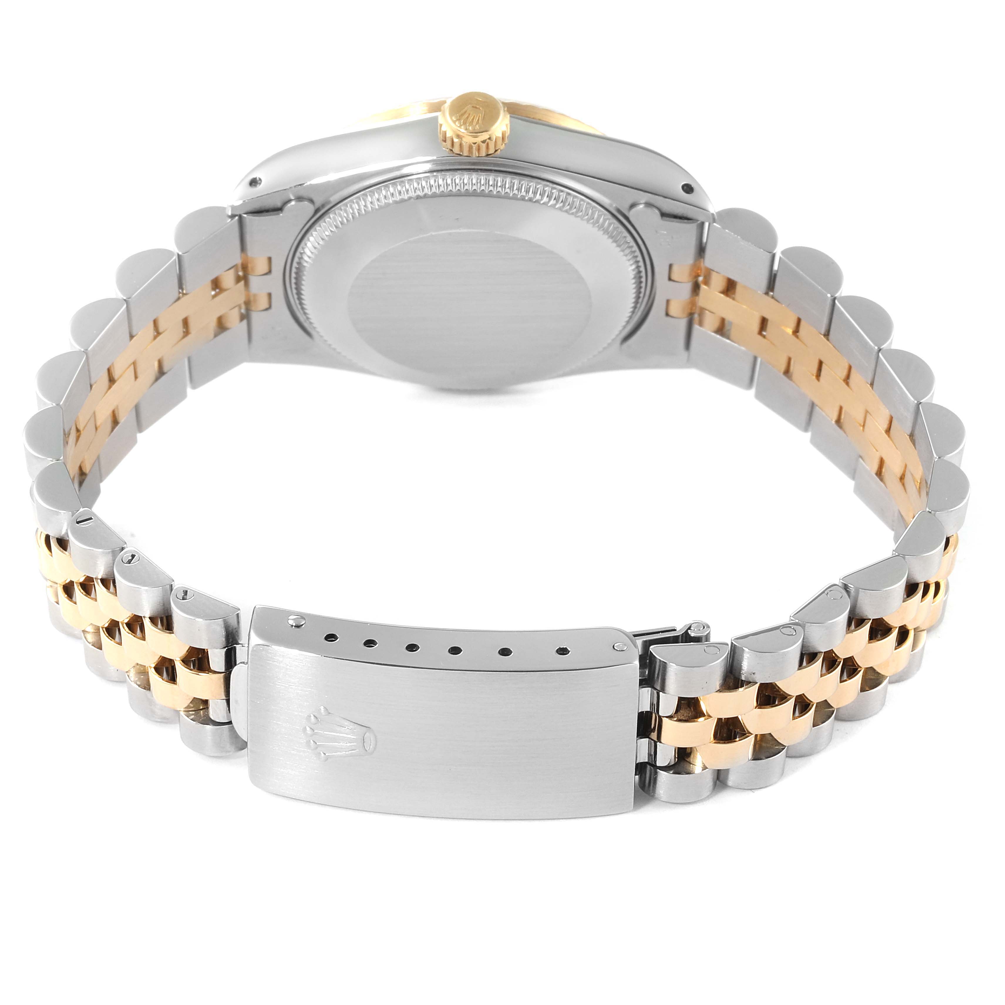 The image shows the back and clasp of a Mid-Size Rolex watch, with a two-tone bracelet.