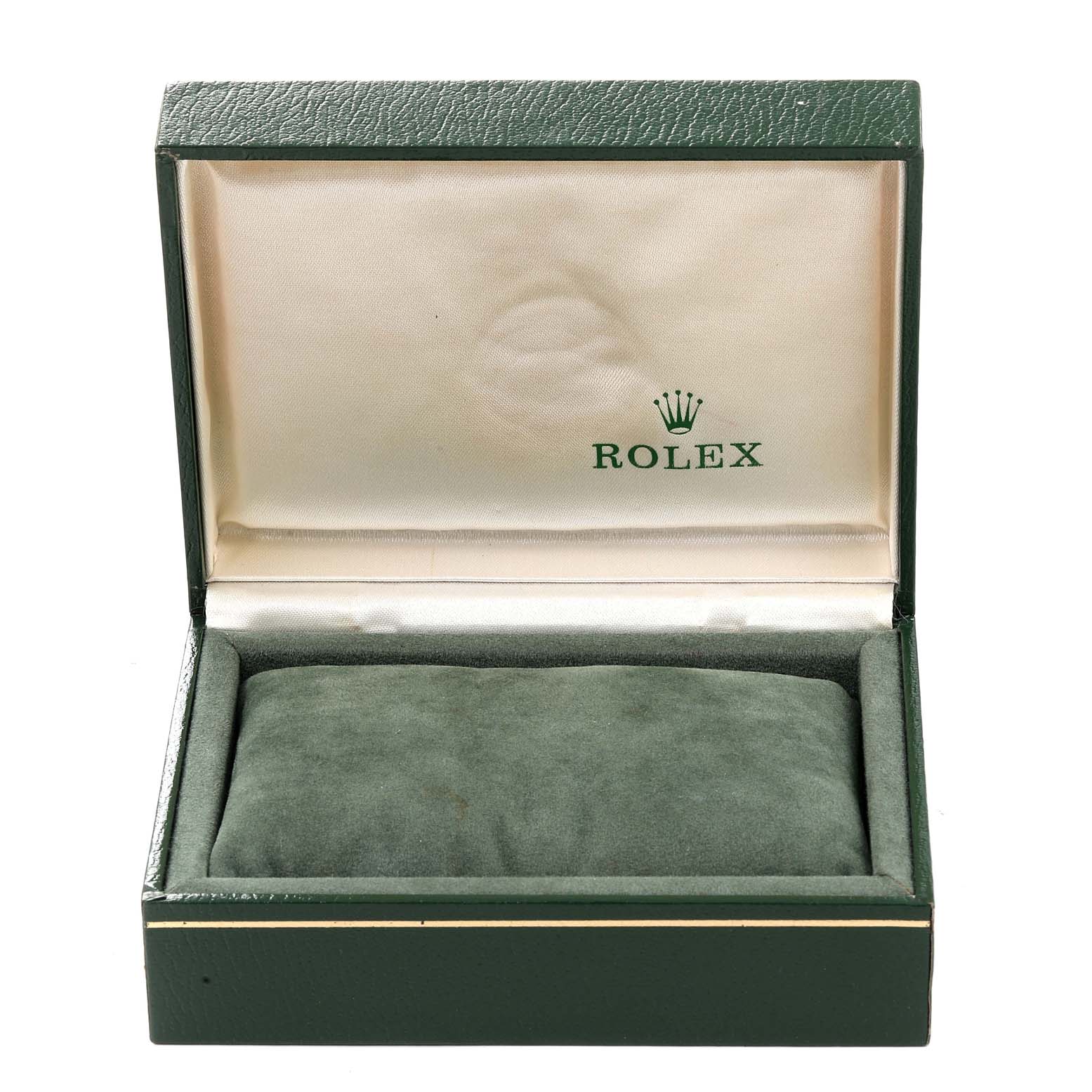 This image shows an open Rolex box for the Mid-Size model, displaying its interior and cushion.