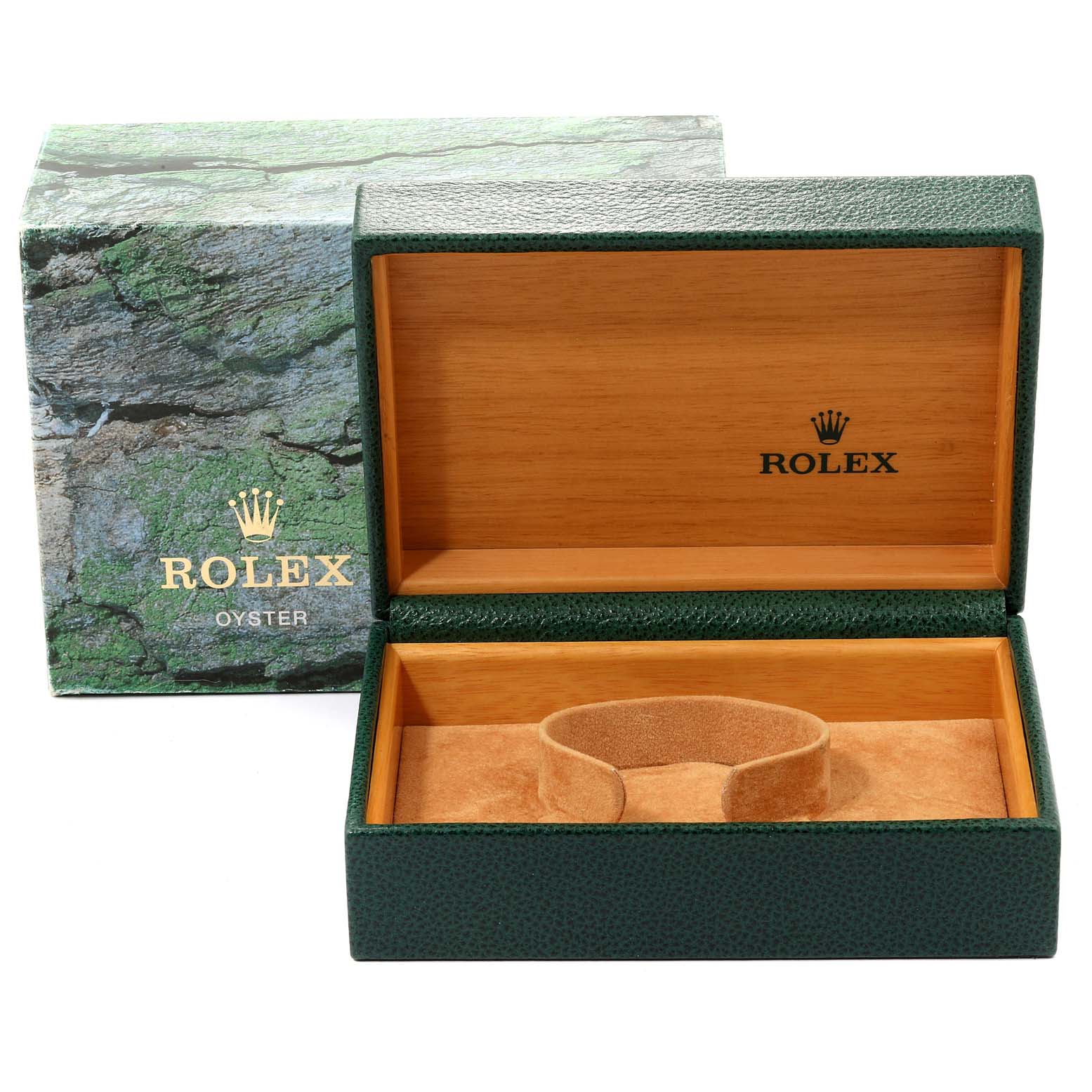 The image shows an open Rolex Mid-Size 68273 Women
s Steel and Gold (two tone) Champagne Dial 68273 Women
s Steel and Gold (two tone) Champagne Dial watch box and its outer packaging from a front angle.
