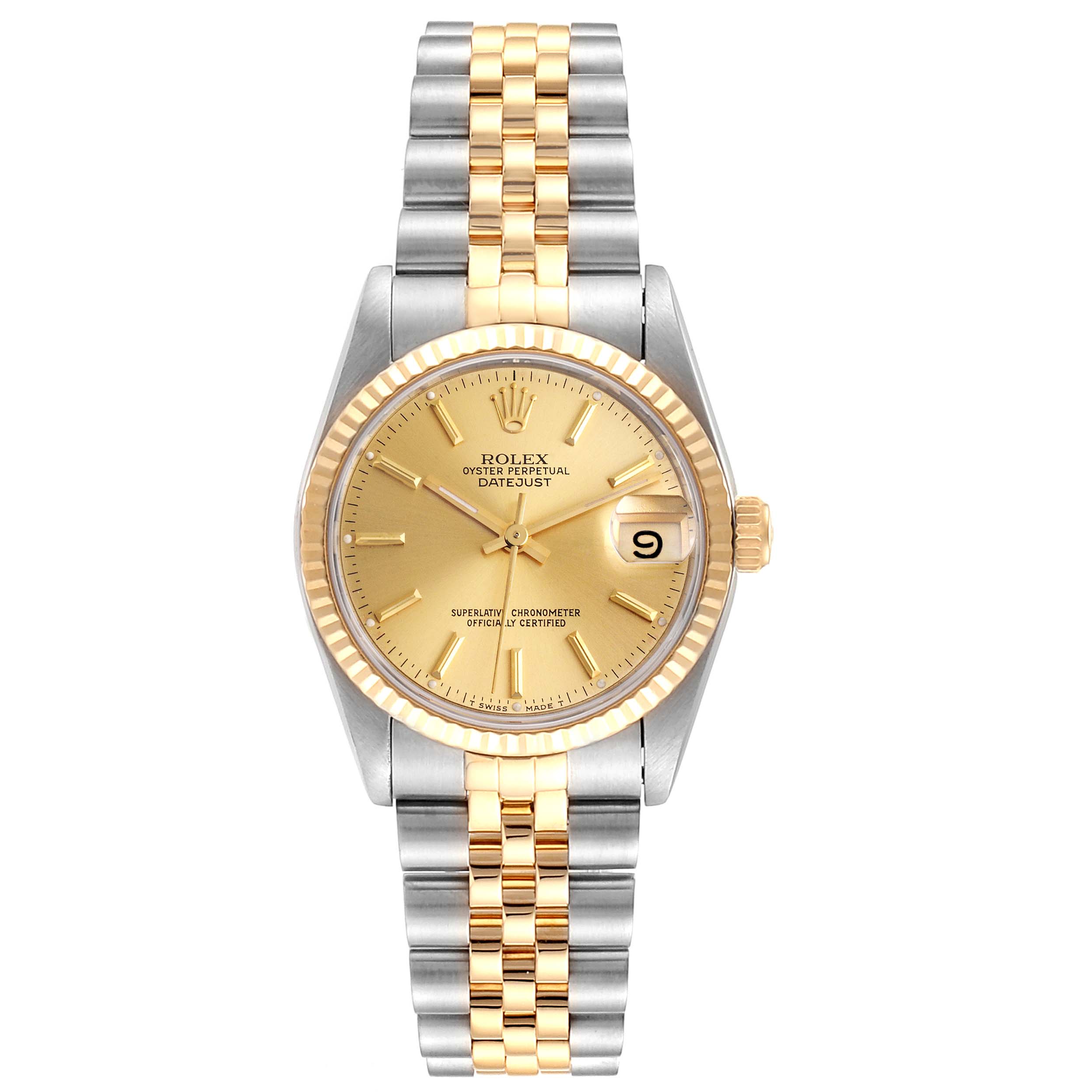 The image shows a front view of a Rolex Mid-Size 68273 Women
s Steel and Gold (two tone) Champagne Dial 68273 Women
s Steel and Gold (two tone) Champagne Dial Datejust watch with a two-tone bracelet and a gold dial.