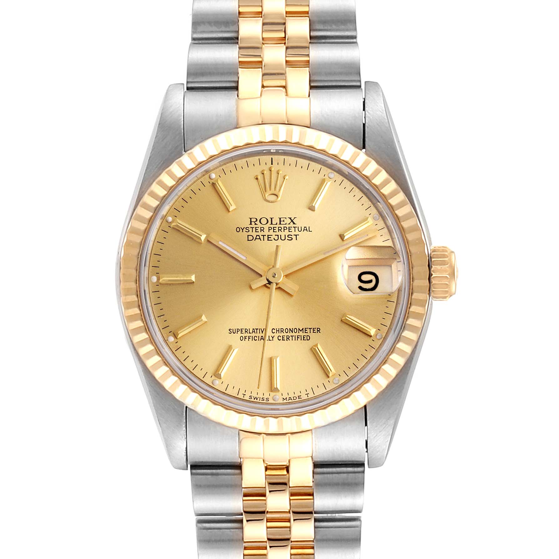 The image shows a front view of the Rolex Mid-Size 68273 Women
s Steel and Gold (two tone) Champagne Dial 68273 Women
s Steel and Gold (two tone) Champagne Dial Datejust watch, highlighting its dial, bezel, crown, and bracelet.