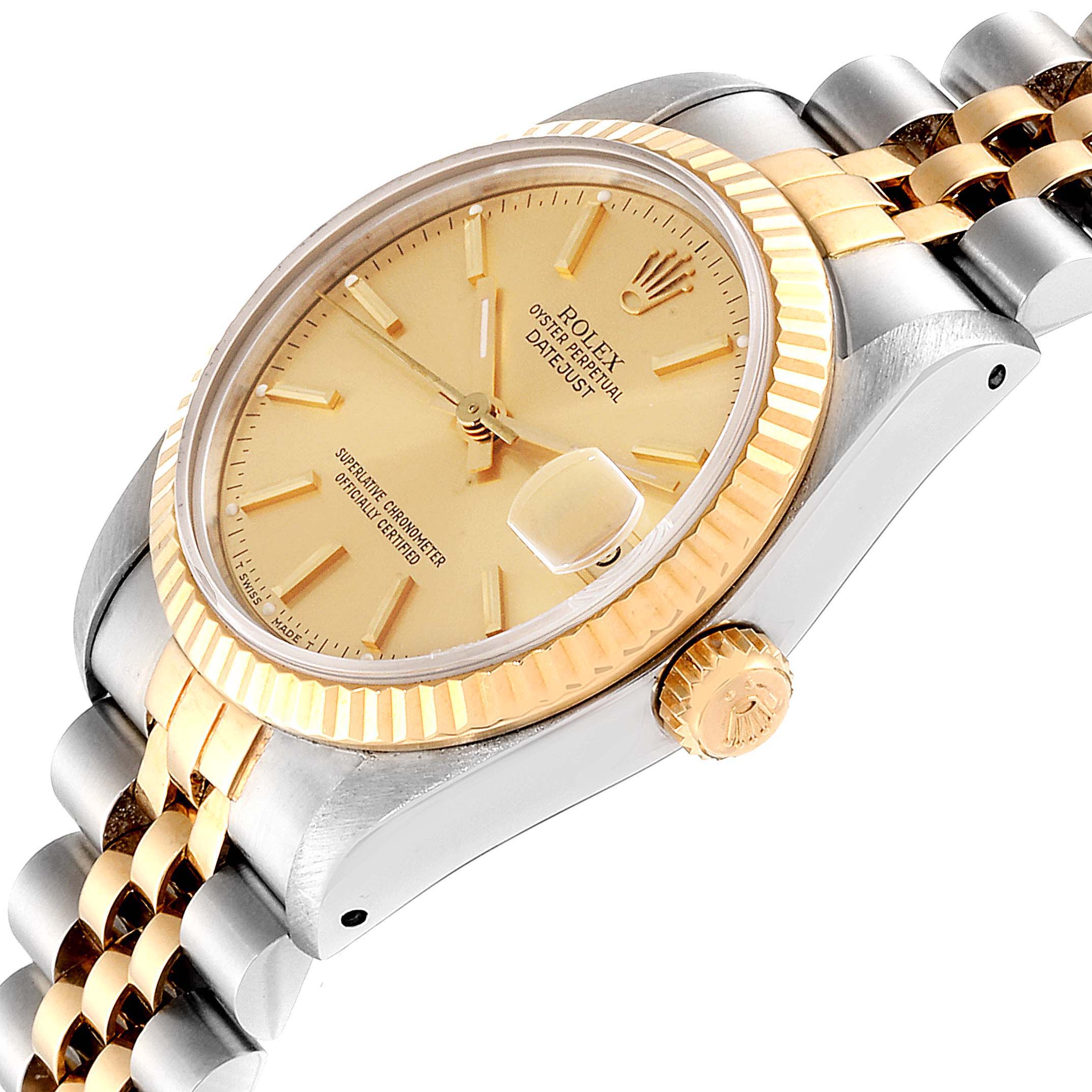 The image shows a side angle of the Rolex Mid-Size 68273 Women
s Steel and Gold (two tone) Champagne Dial 68273 Women
s Steel and Gold (two tone) Champagne Dial Datejust watch, highlighting the gold bezel, crown, dial, and bracelet.