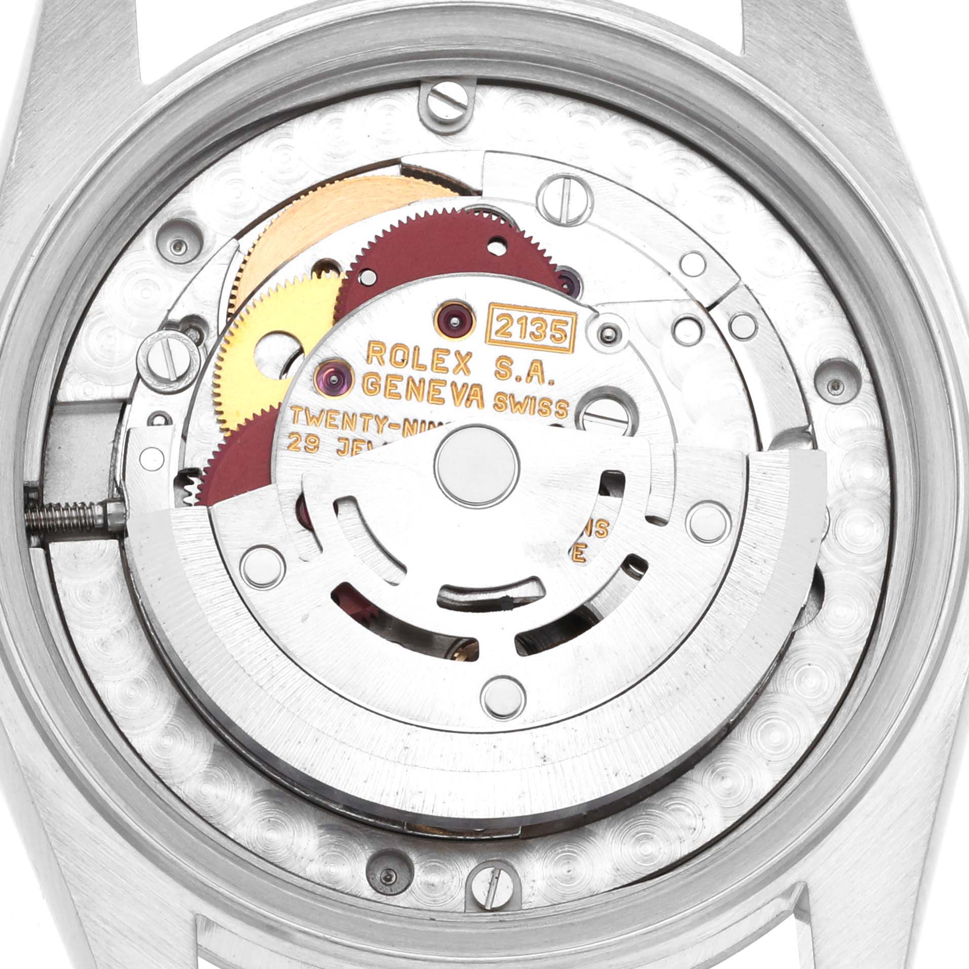 This image shows the internal mechanism and movement of a Rolex Mid-Size 68274 Women's Stainless Steel Silver Dial 68274 Women's Stainless Steel Silver Dial model, viewed from the back case.