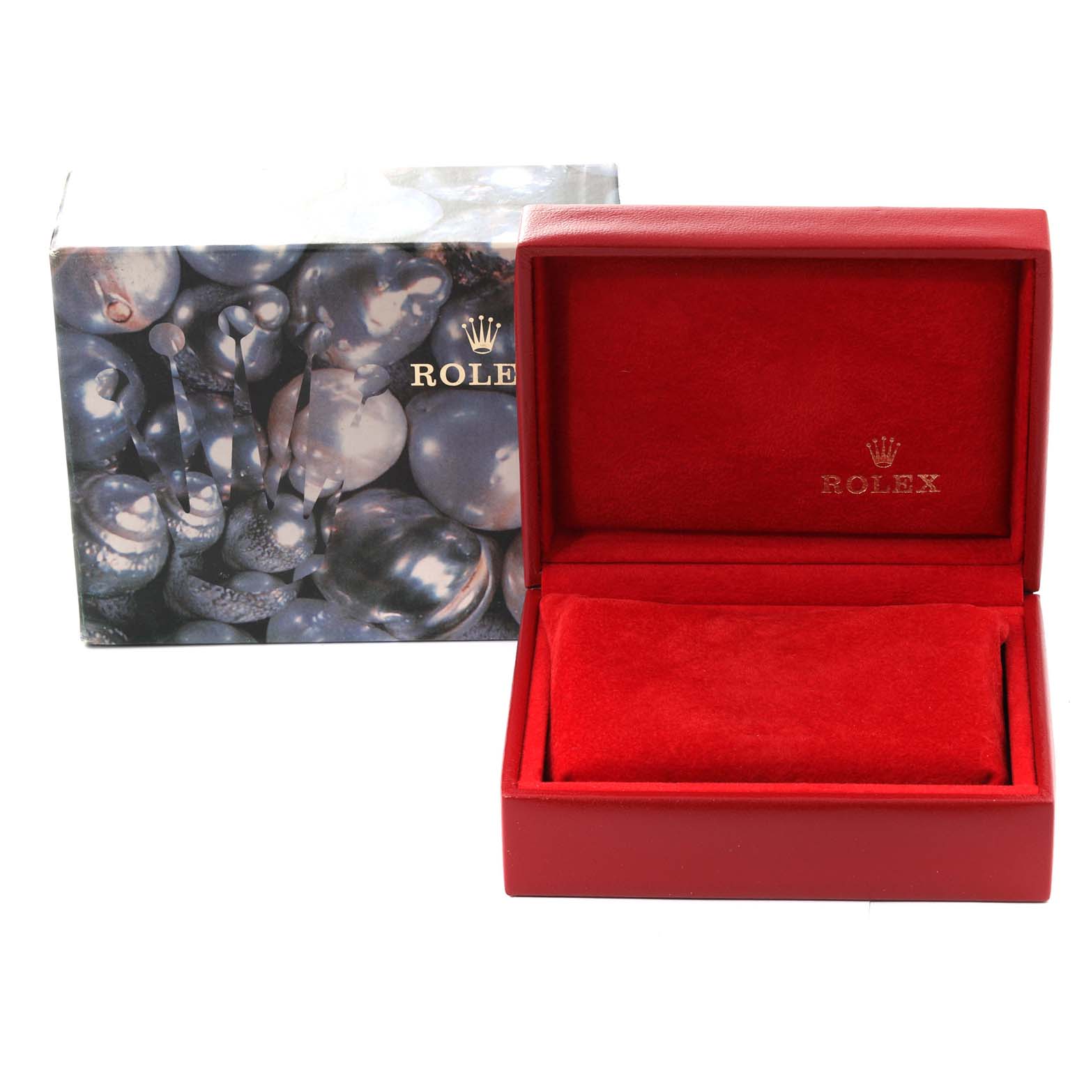 The image shows a Rolex Mid-Size 68274 Women's Stainless Steel Silver Dial 68274 Women's Stainless Steel Silver Dial model watch box in red, alongside a decorative outer box.