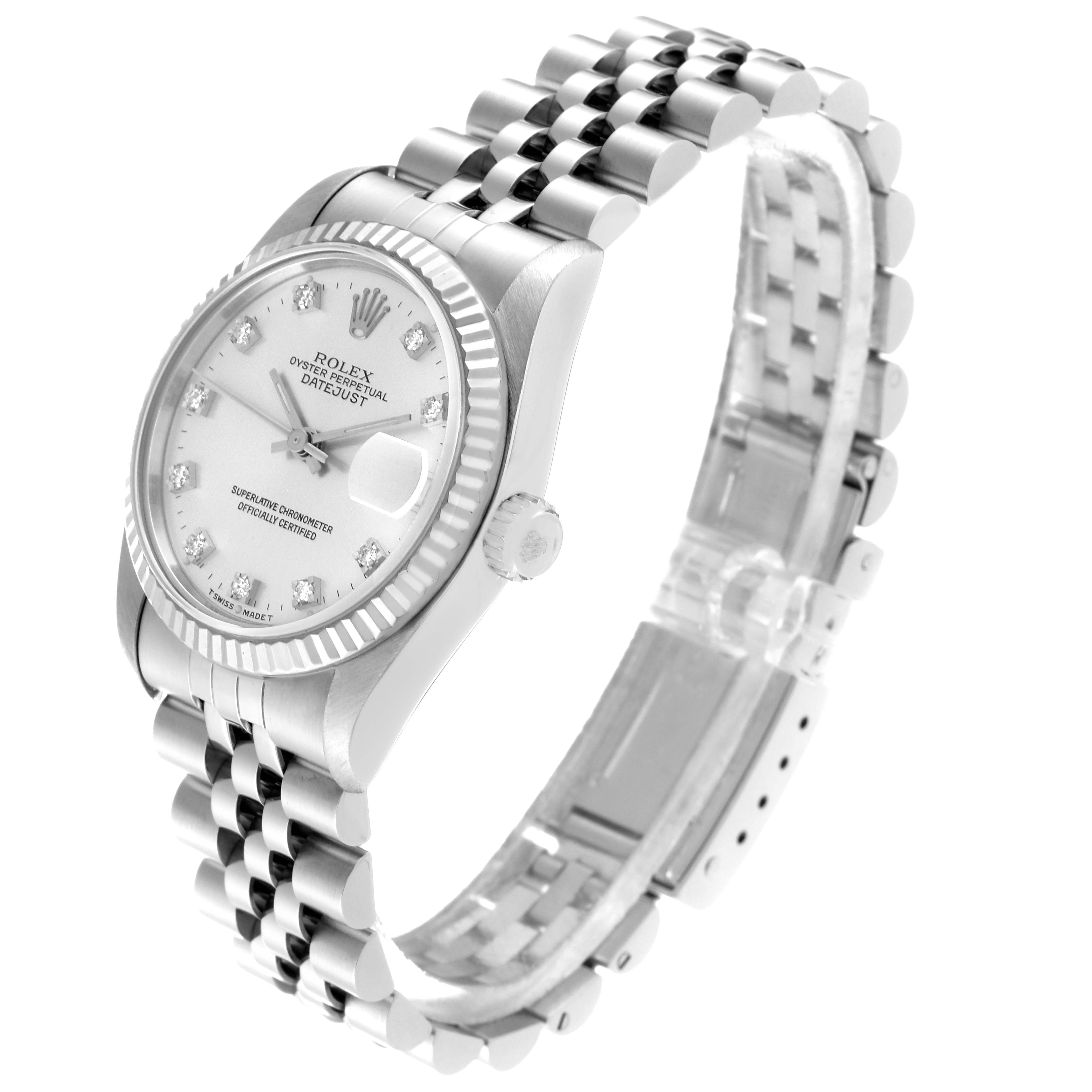 This image shows a side and front angle of a Rolex Mid-Size 68274 Women's Stainless Steel Silver Dial 68274 Women's Stainless Steel Silver Dial model watch, highlighting its face, bezel, crown, and bracelet.