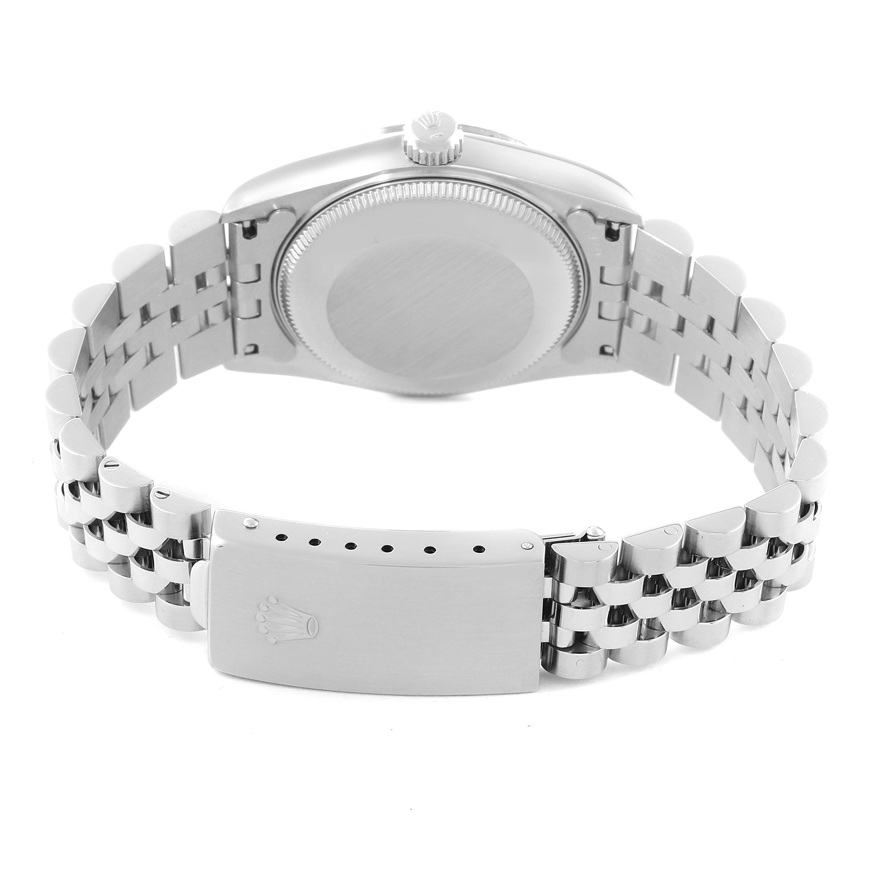 The image shows the back view of a Rolex Mid-Size 68274 Women's Stainless Steel Silver Dial 68274 Women's Stainless Steel Silver Dial model watch, highlighting its bracelet and clasp with the brand's logo.