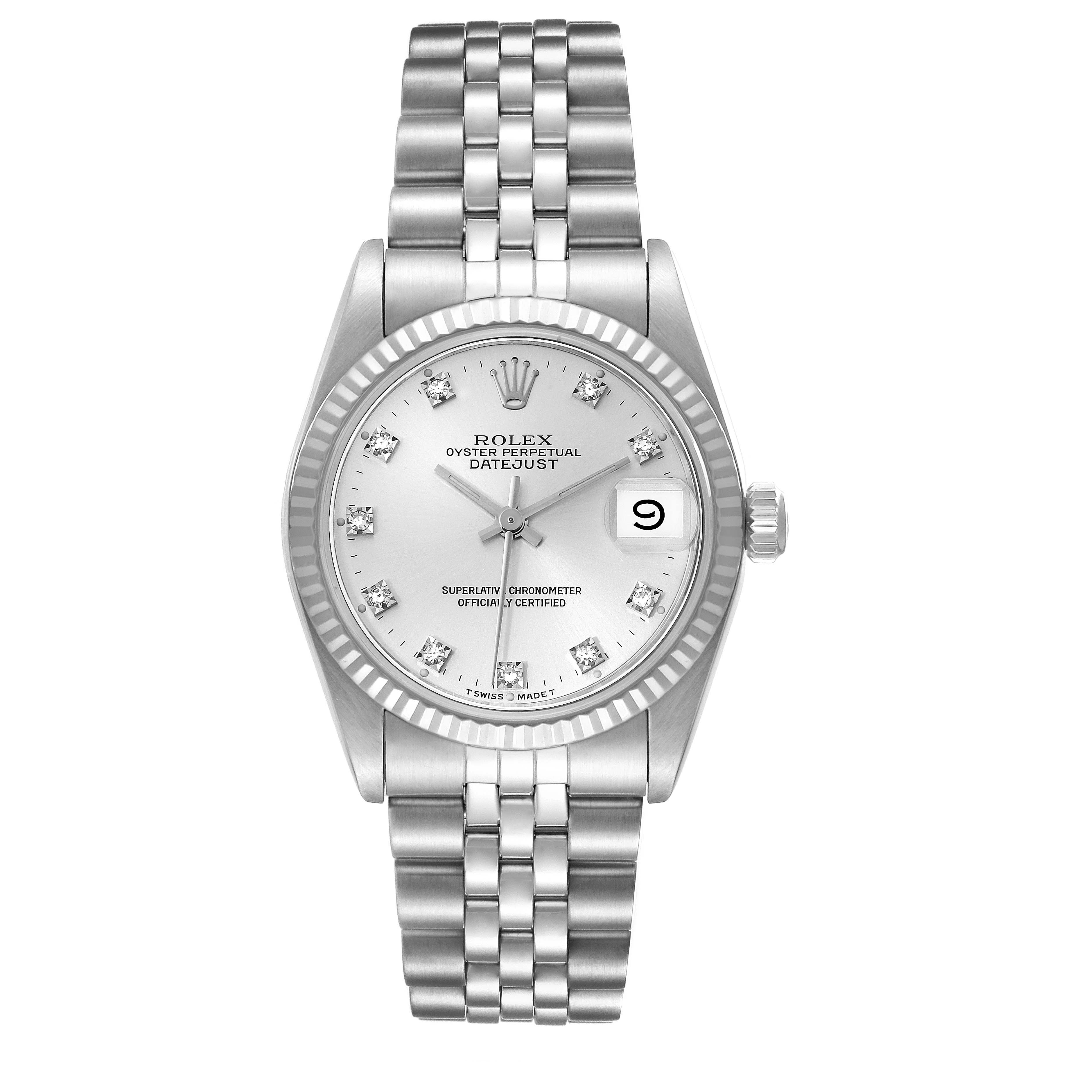 This is a front view of the Rolex Mid-Size 68274 Women's Stainless Steel Silver Dial 68274 Women's Stainless Steel Silver Dial Oyster Perpetual Datejust, showing the dial, bezel, hands, date window, and bracelet.