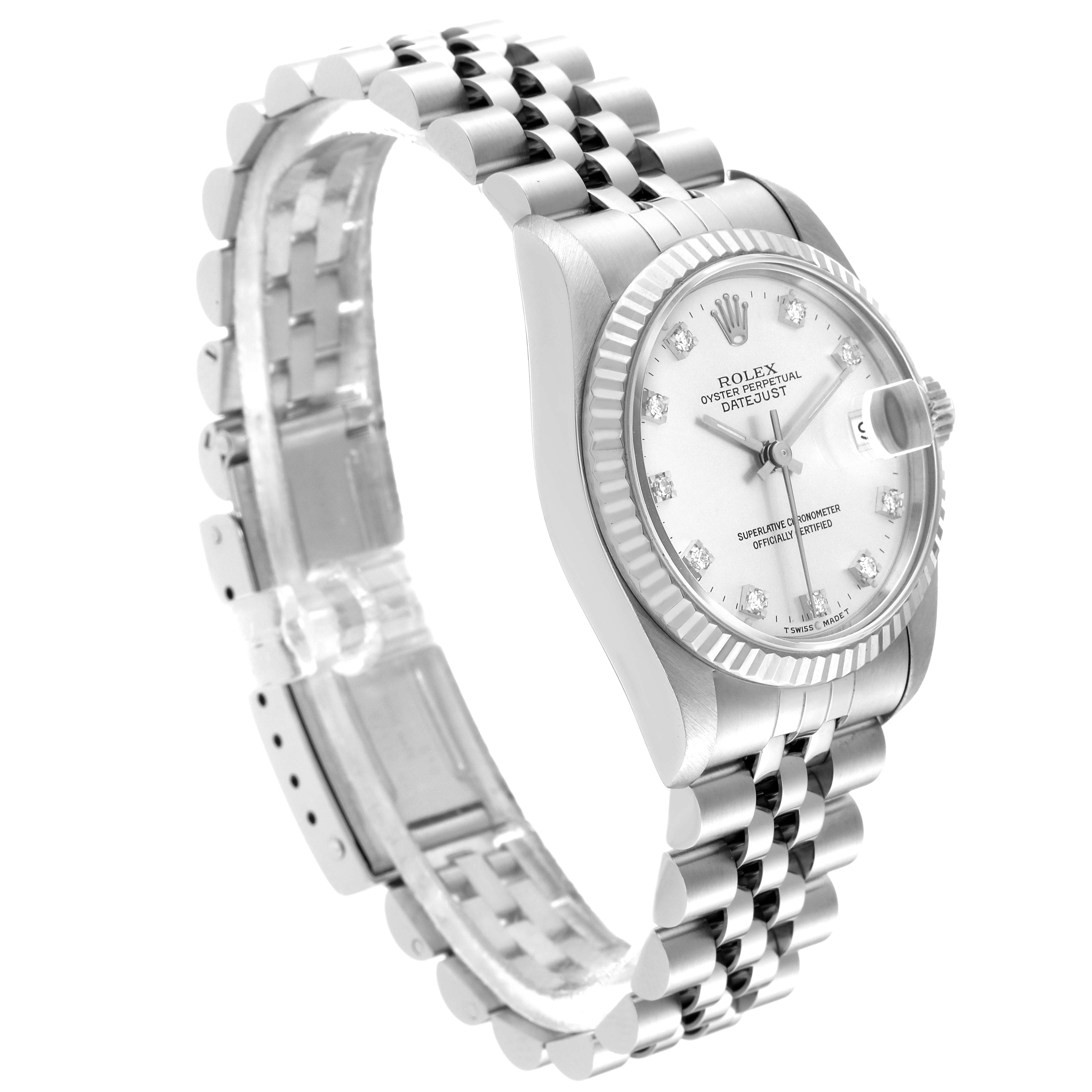 The image shows a Rolex Datejust Mid-Size watch at a three-quarter side angle, highlighting the face, bezel, and bracelet.