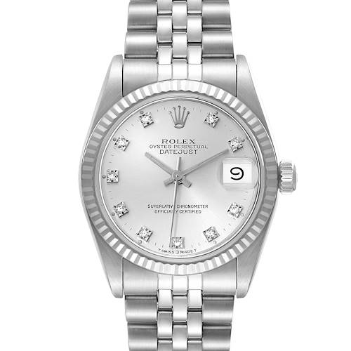 This image shows a front view of the Rolex Mid-Size Datejust watch, highlighting the silver dial, fluted bezel, and jubilee bracelet.