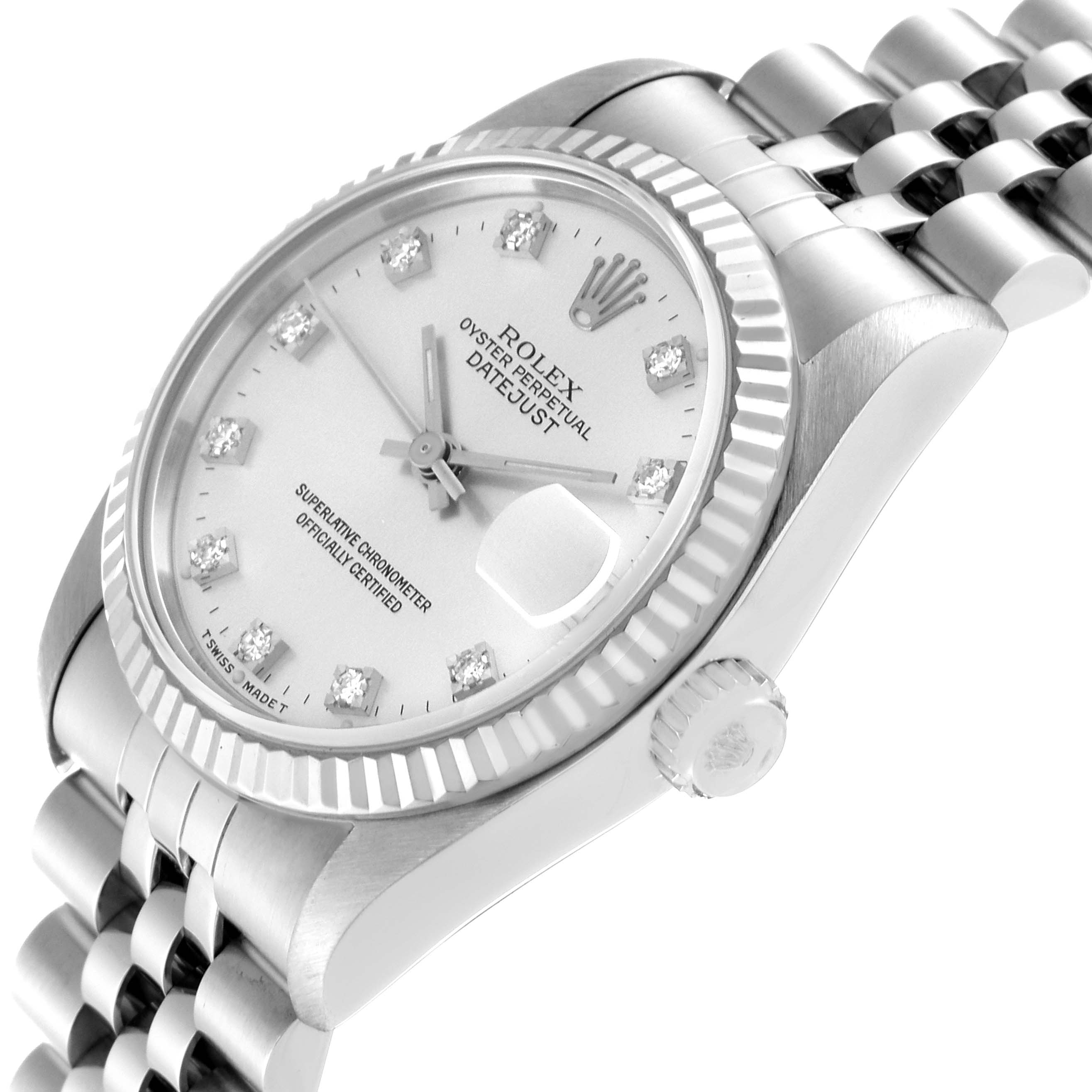 This image shows a Rolex Mid-Size 68274 Women's Stainless Steel Silver Dial 68274 Women's Stainless Steel Silver Dial watch from an angled side view, highlighting the dial, bezel, crown, and bracelet.