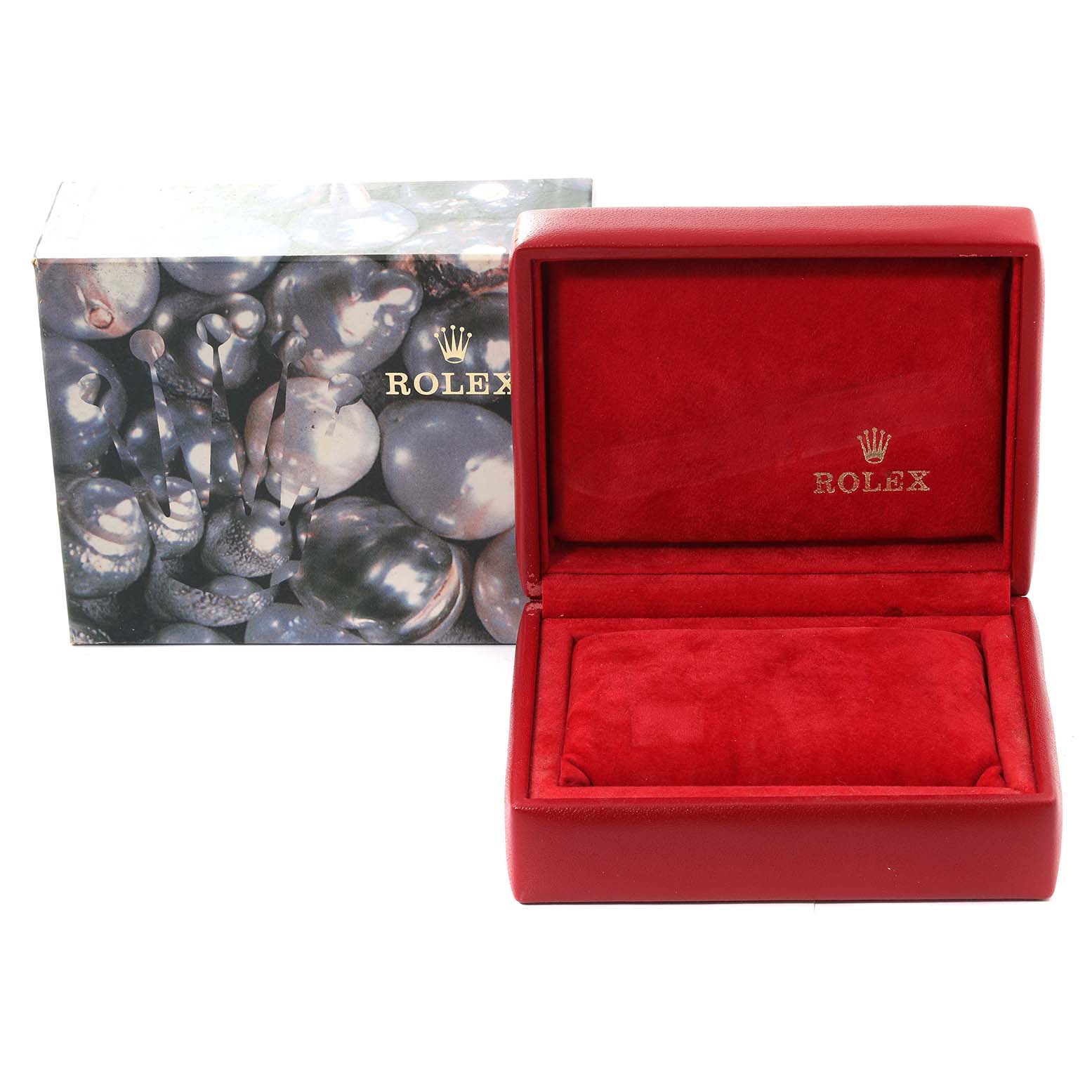The image shows a Rolex Mid-Size 78273 Women's Steel and Gold (two tone) Mother of Pearl Dial 78273 Women's Steel and Gold (two tone) Mother of Pearl Dial model watch box with a pearl-themed outer packaging and a red velvet interior.