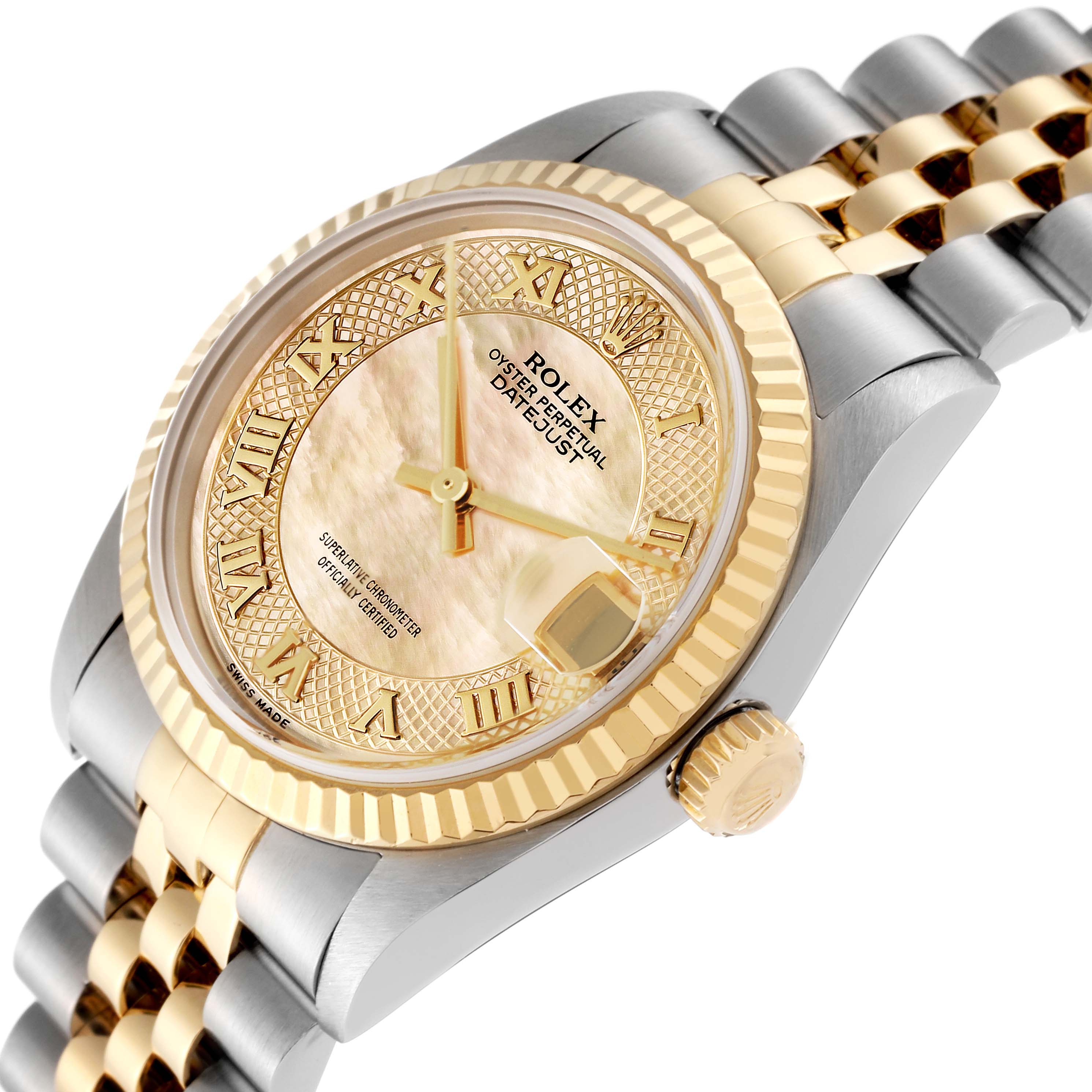 This image shows a close-up angled view of a Rolex Mid-Size 78273 Women's Steel and Gold (two tone) Mother of Pearl Dial 78273 Women's Steel and Gold (two tone) Mother of Pearl Dial Oyster Perpetual Datejust, focusing on the dial, bezel, crown, and part of the bracelet.