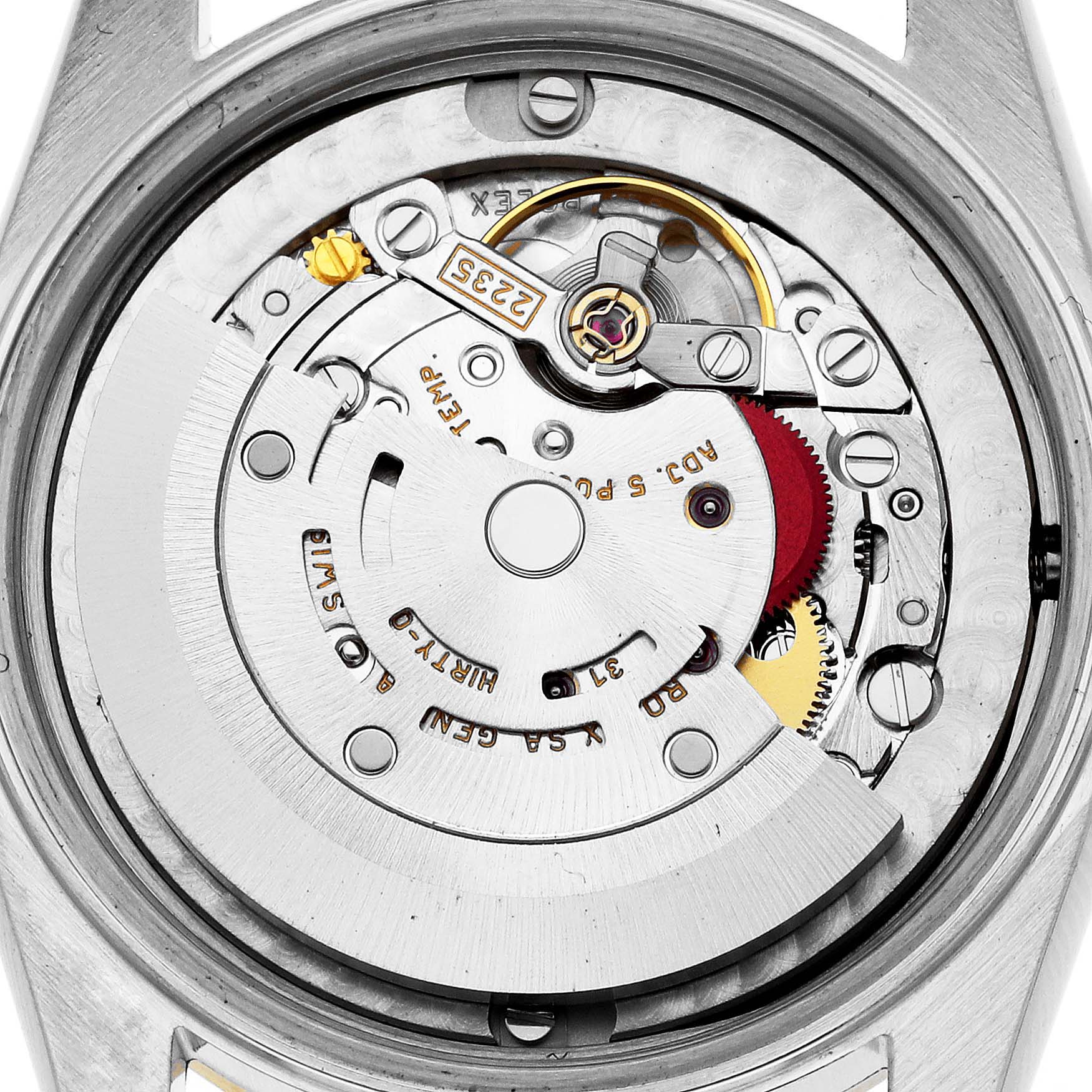 This image shows the internal mechanism and movement of a Rolex Mid-Size 78273 Women's Steel and Gold (two tone) Mother of Pearl Dial 78273 Women's Steel and Gold (two tone) Mother of Pearl Dial model watch, viewed from the back case.