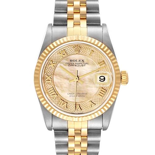 The image shows a frontal view of a Rolex Oyster Perpetual Datejust Mid-Size watch.