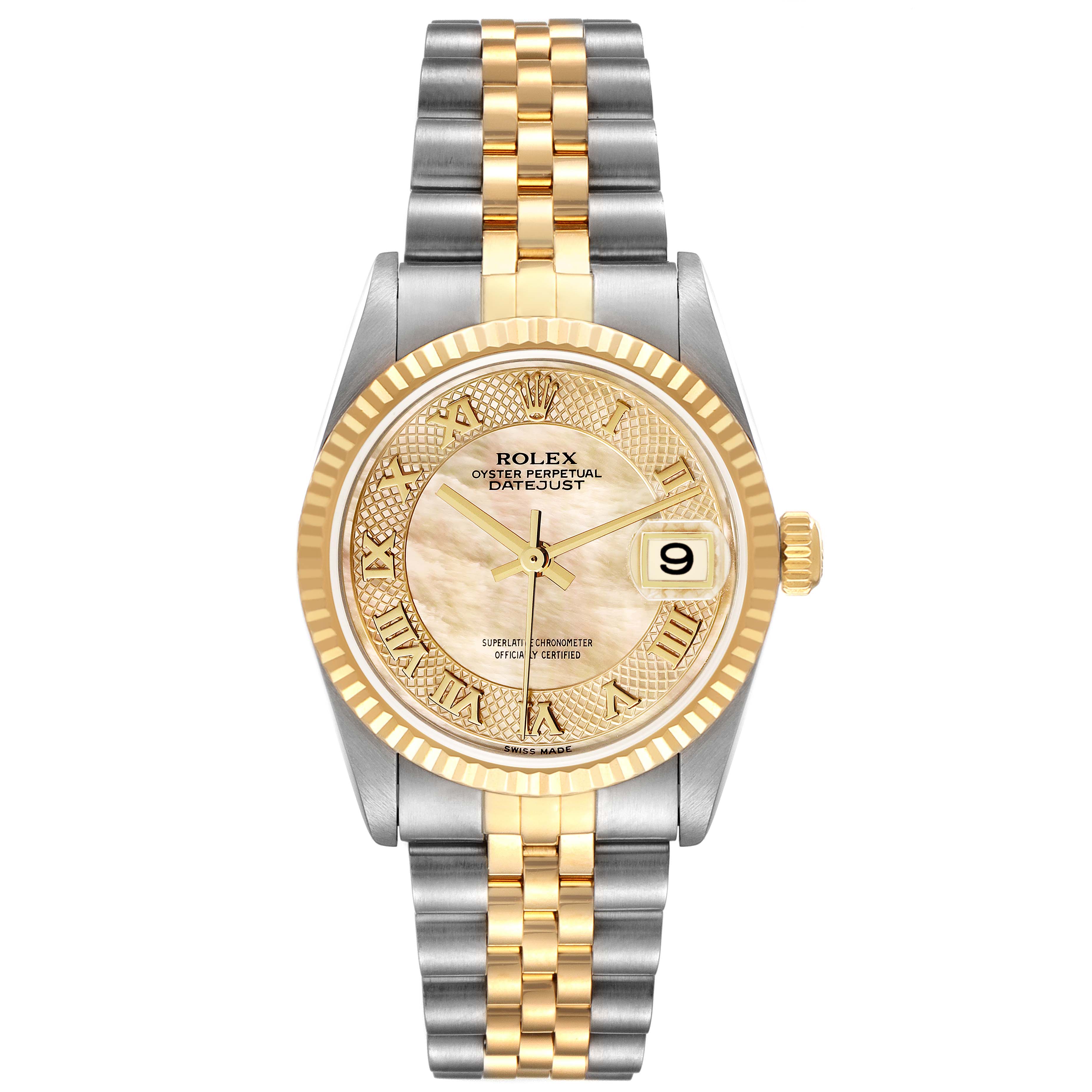 This Rolex Mid-Size 78273 Women's Steel and Gold (two tone) Mother of Pearl Dial 78273 Women's Steel and Gold (two tone) Mother of Pearl Dial Datejust watch image shows a full frontal view of the dial, bezel, crown, and two-tone bracelet.