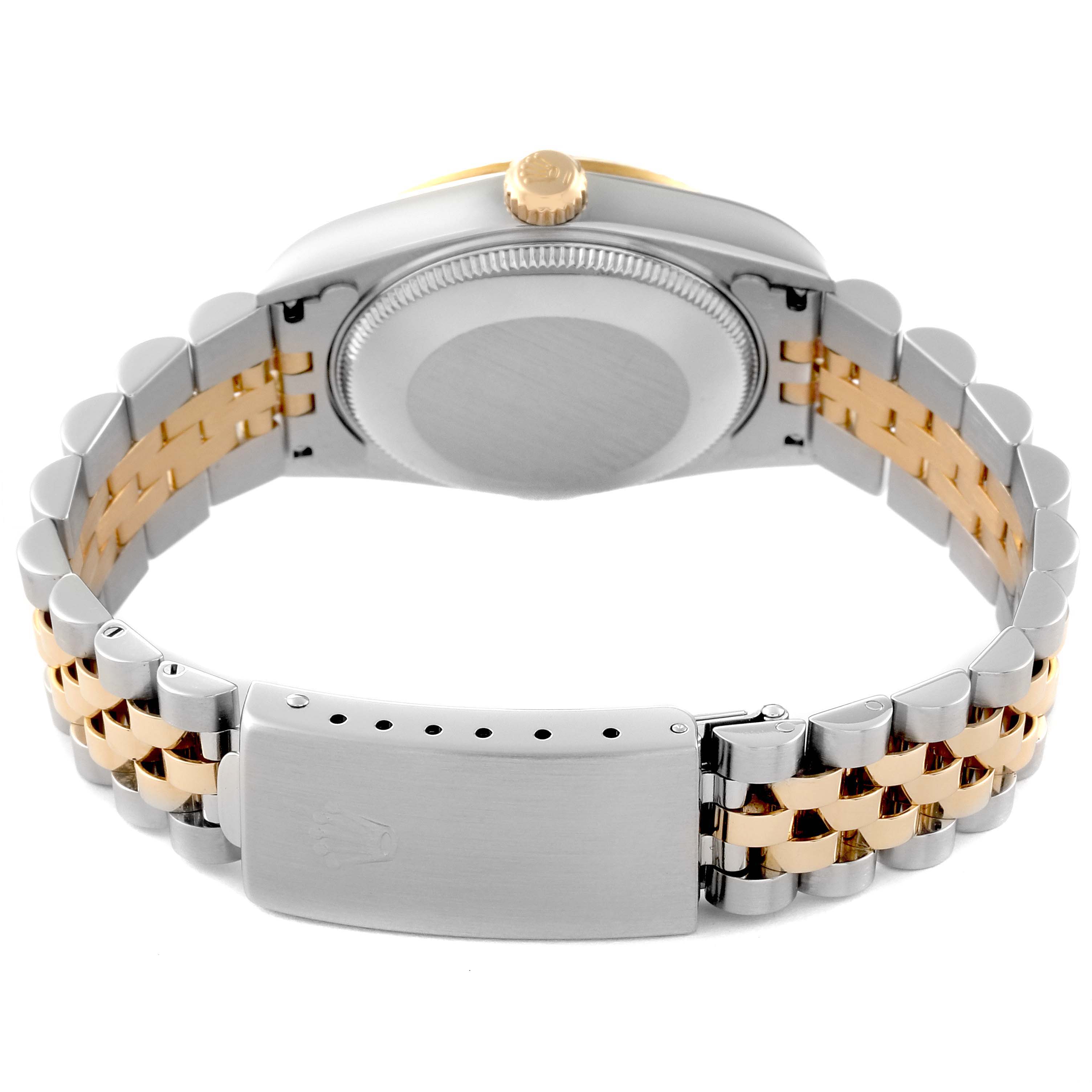 This image shows the back view of a Rolex Mid-Size 78273 Women's Steel and Gold (two tone) Mother of Pearl Dial 78273 Women's Steel and Gold (two tone) Mother of Pearl Dial watch, highlighting its clasp, bracelet, and case back.