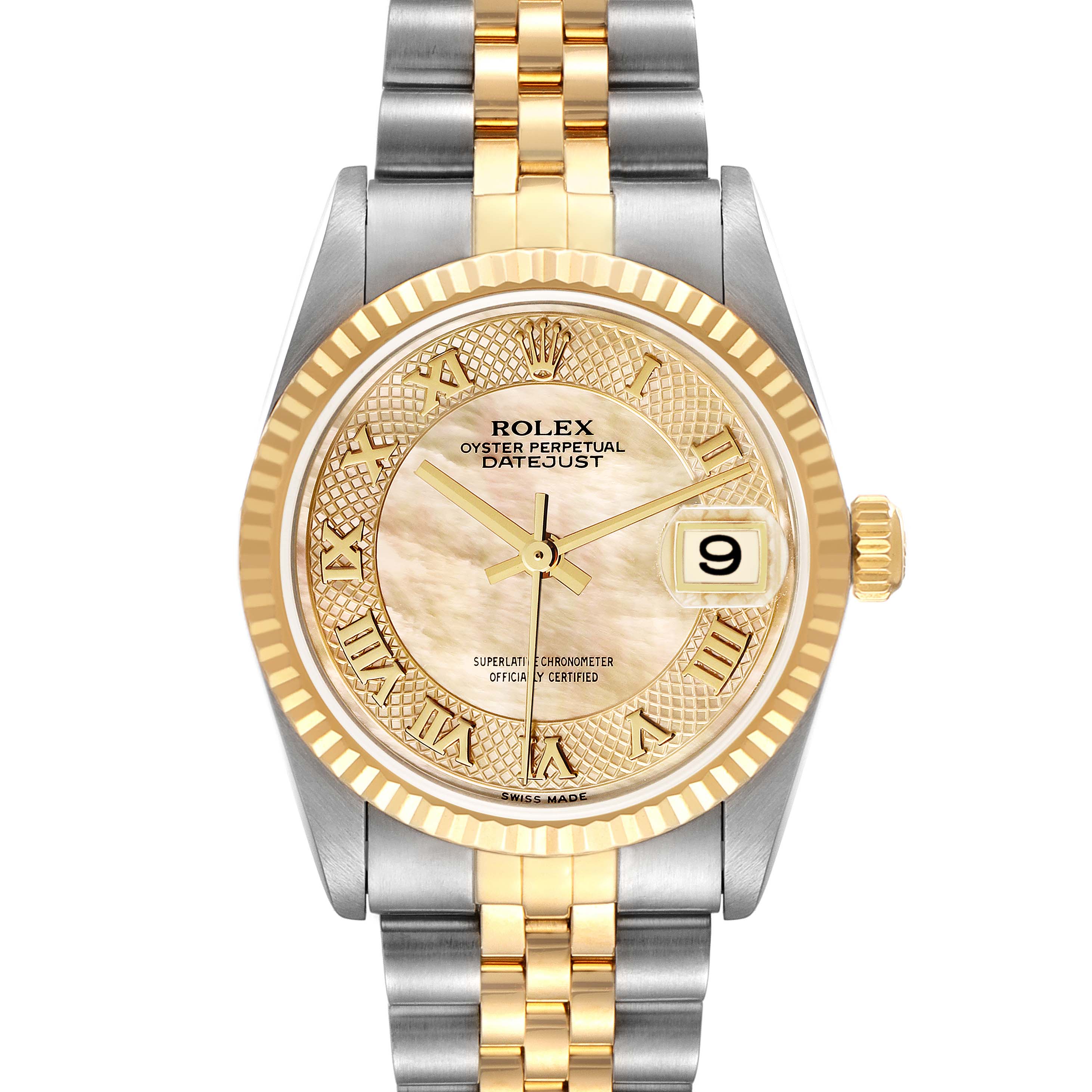 The image shows a front view of a Rolex Datejust Mid-Size watch displaying the dial, bezel, and part of the bracelet.