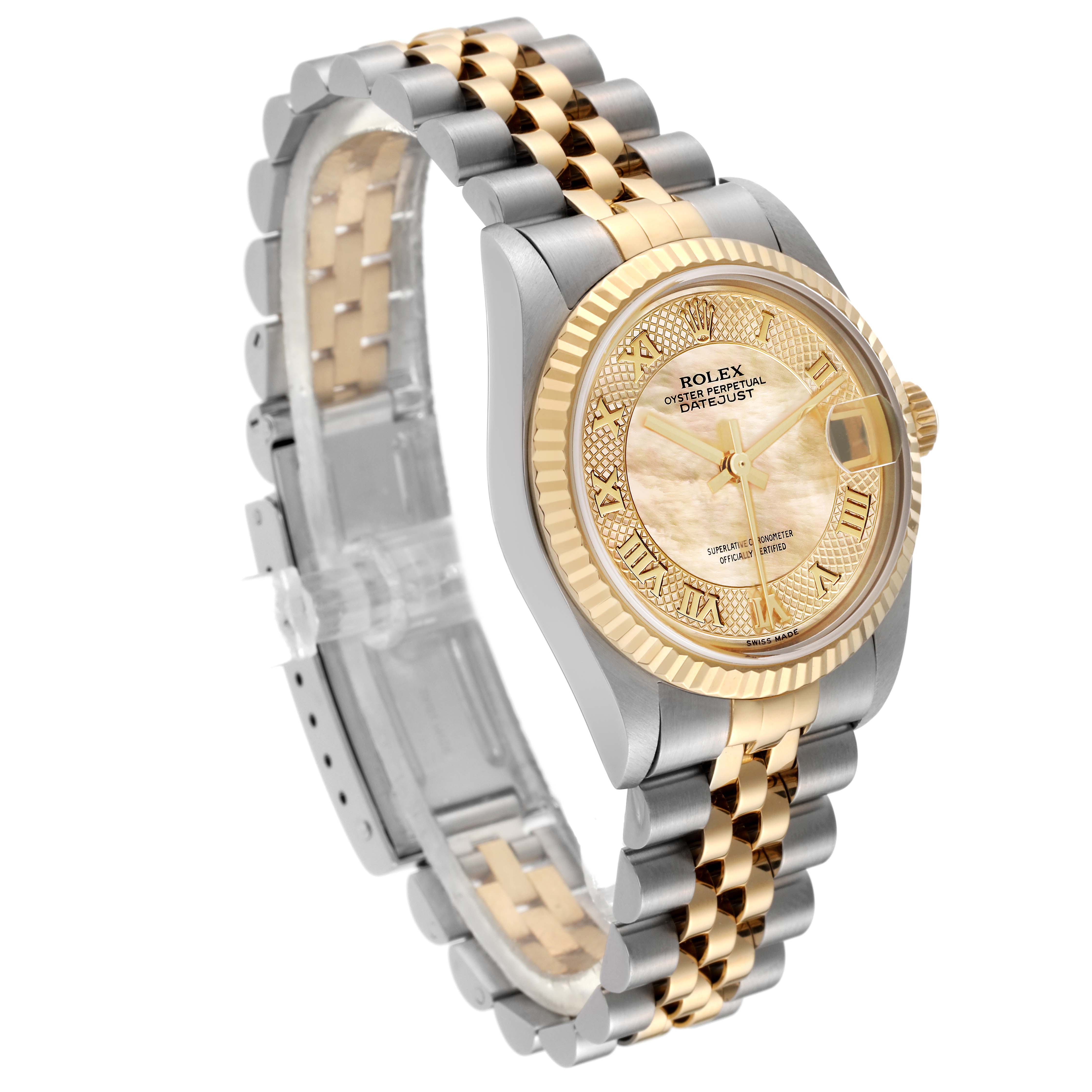 The Rolex Mid-Size 78273 Women's Steel and Gold (two tone) Mother of Pearl Dial 78273 Women's Steel and Gold (two tone) Mother of Pearl Dial model watch is shown at an angled side view, highlighting its two-tone bracelet, bezel, and dial.