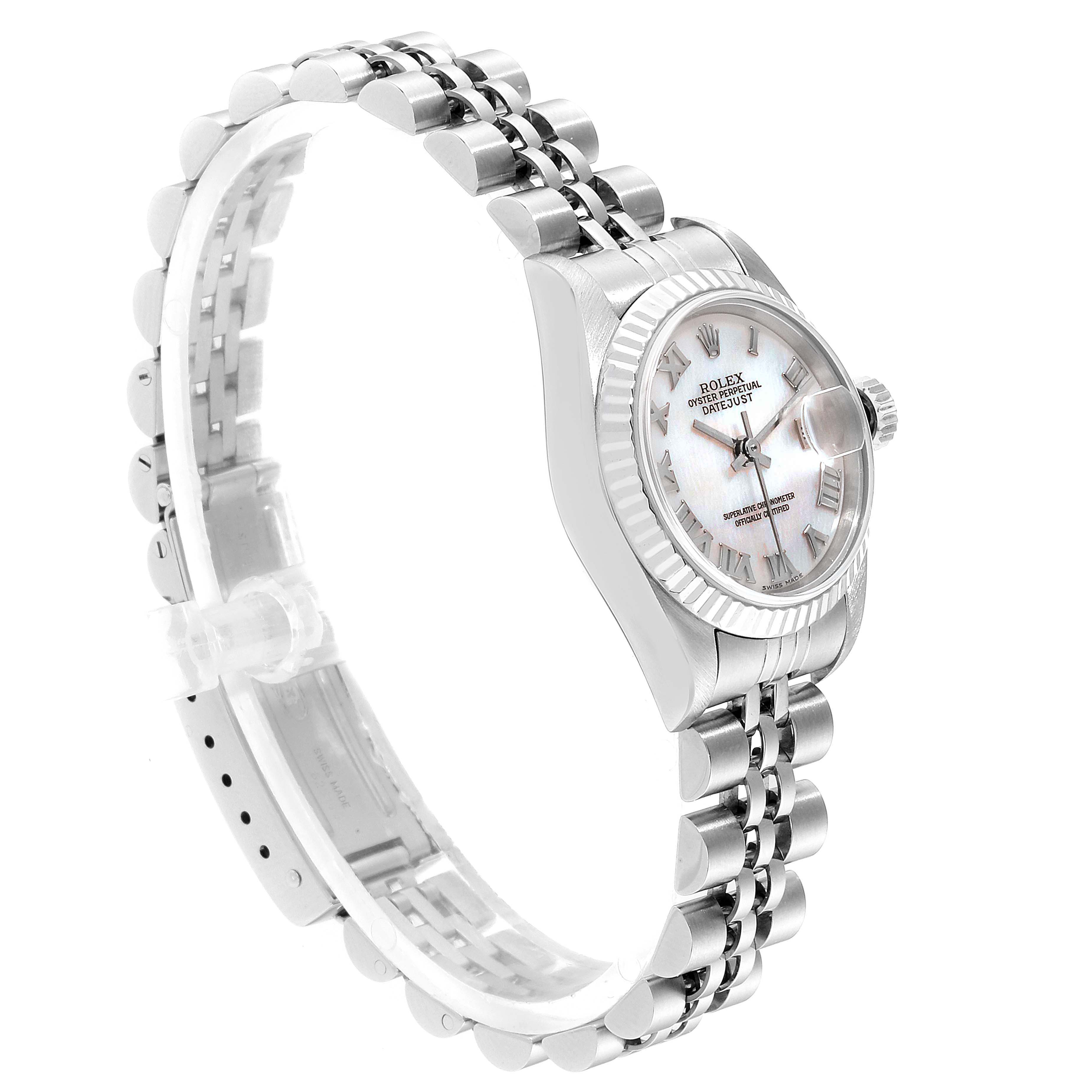 The image shows a side angle of a Rolex Datejust 79174 Women
s Stainless Steel Mother of Pearl Dial 79174 Women
s Stainless Steel Mother of Pearl Dial watch, highlighting the face, bracelet, and crown.