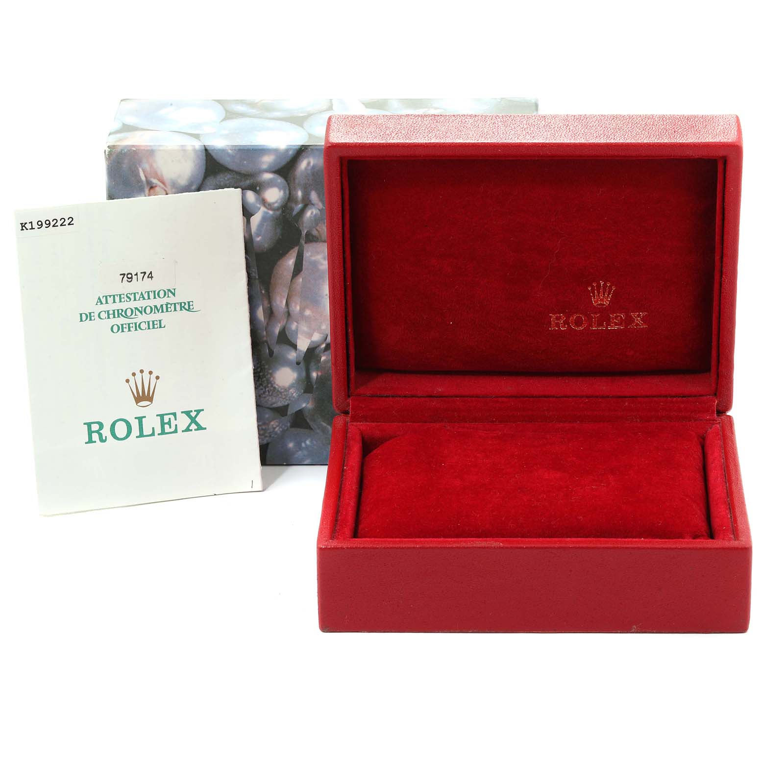 This image shows a red Rolex Datejust 79174 Women
s Stainless Steel Mother of Pearl Dial 79174 Women
s Stainless Steel Mother of Pearl Dial watch box and documentation from a front-angle view.