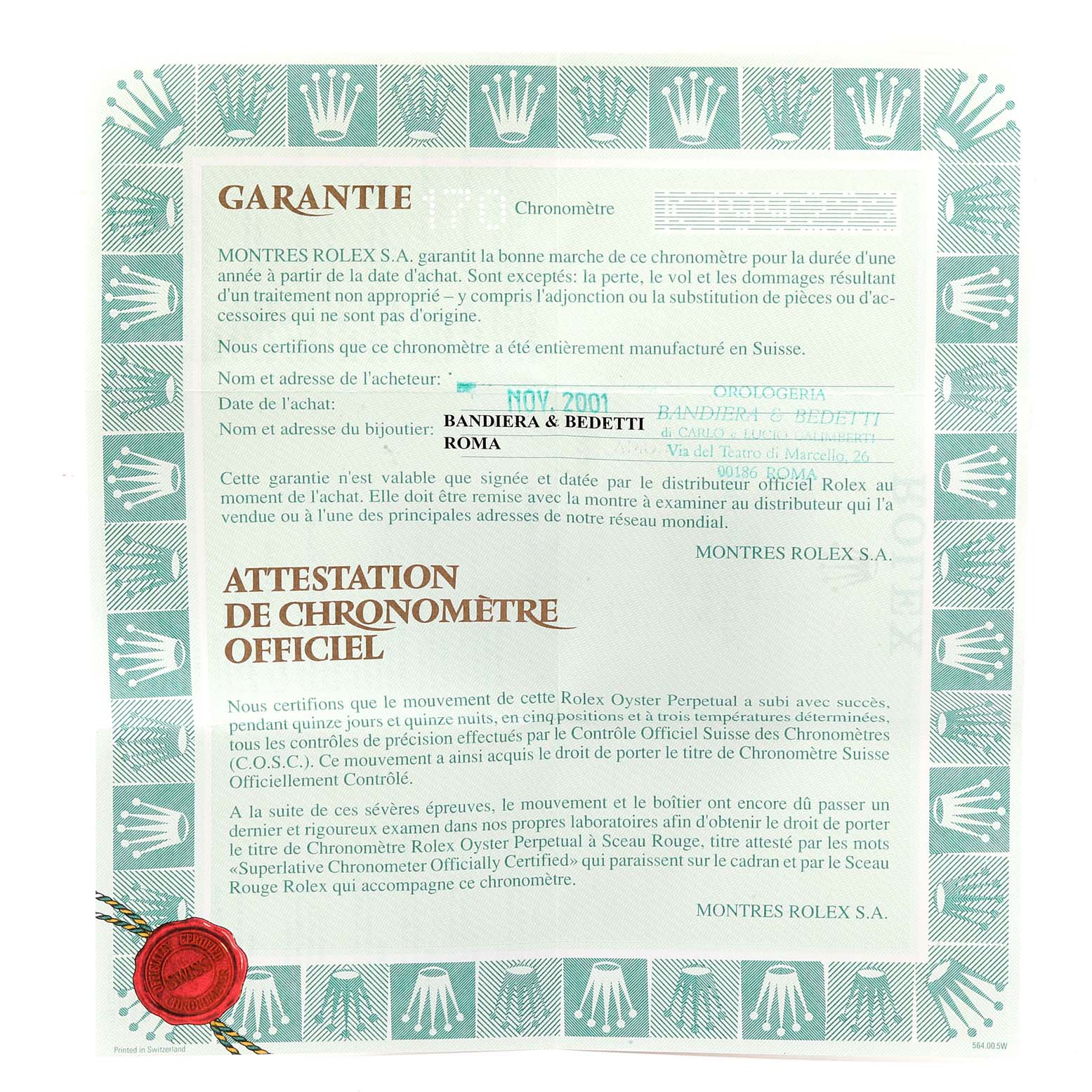 The image shows a warranty certificate for a Rolex Datejust 79174 Women
s Stainless Steel Mother of Pearl Dial 79174 Women
s Stainless Steel Mother of Pearl Dial watch viewed from above.