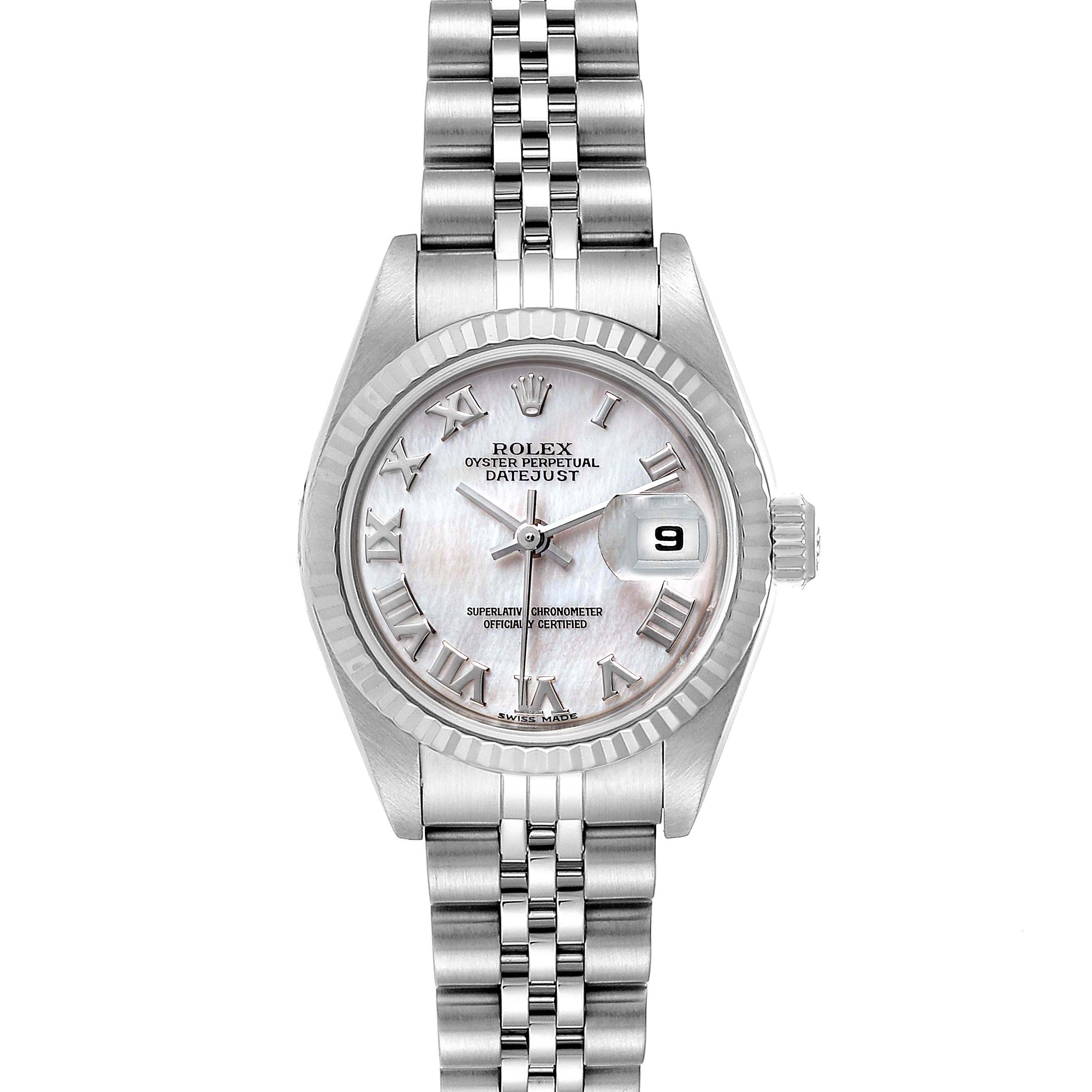 The image shows a top-down view of a Rolex Datejust 79174 Women
s Stainless Steel Mother of Pearl Dial 79174 Women
s Stainless Steel Mother of Pearl Dial watch, featuring its face, bezel, crown, and bracelet.