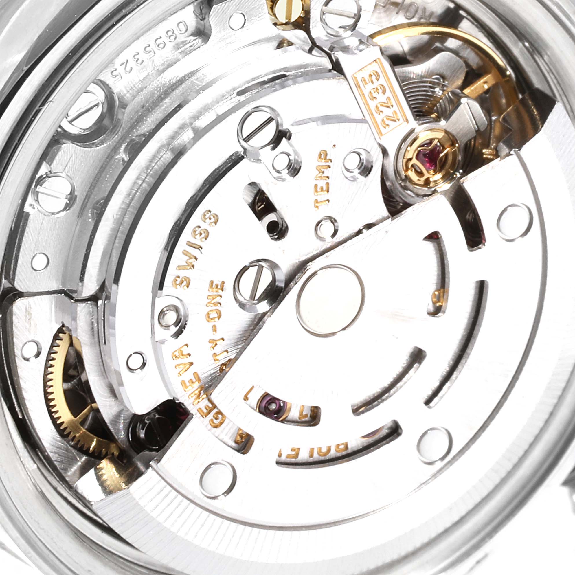This image shows the Rolex Datejust 79174 Women
s Stainless Steel Mother of Pearl Dial 79174 Women
s Stainless Steel Mother of Pearl Dial movement mechanism from a close-up angle, highlighting its intricate inner components.