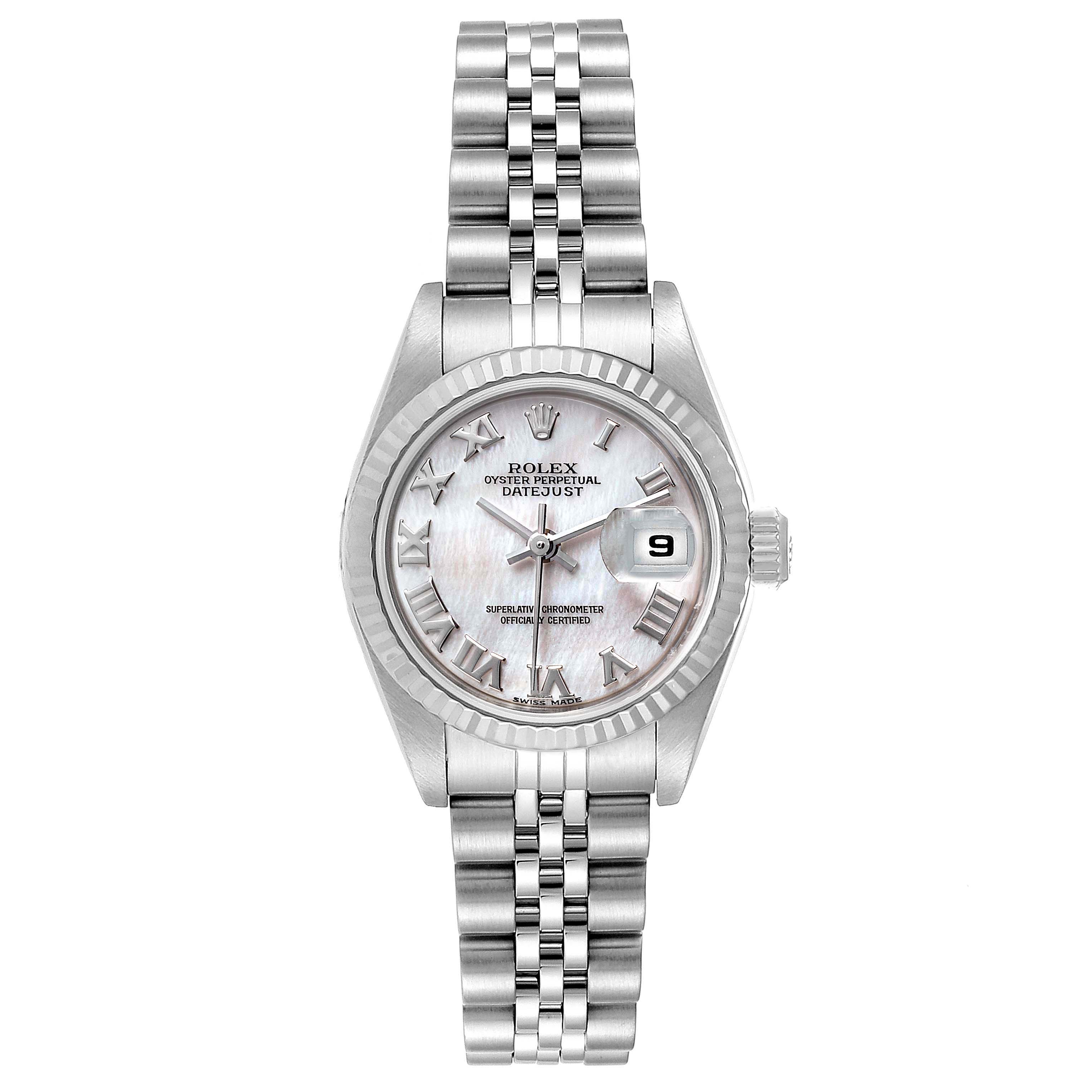 This Rolex Datejust 79174 Women
s Stainless Steel Mother of Pearl Dial 79174 Women
s Stainless Steel Mother of Pearl Dial watch is shown from a top-down angle, displaying its face, bracelet, and bezel.