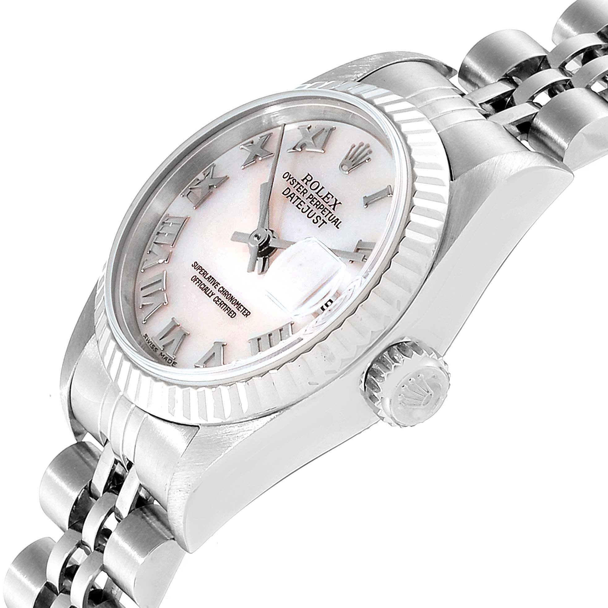 The image shows a close-up angled view of the Rolex Datejust 79174 Women
s Stainless Steel Mother of Pearl Dial 79174 Women
s Stainless Steel Mother of Pearl Dial watch, highlighting the dial, bezel, crown, and bracelet.
