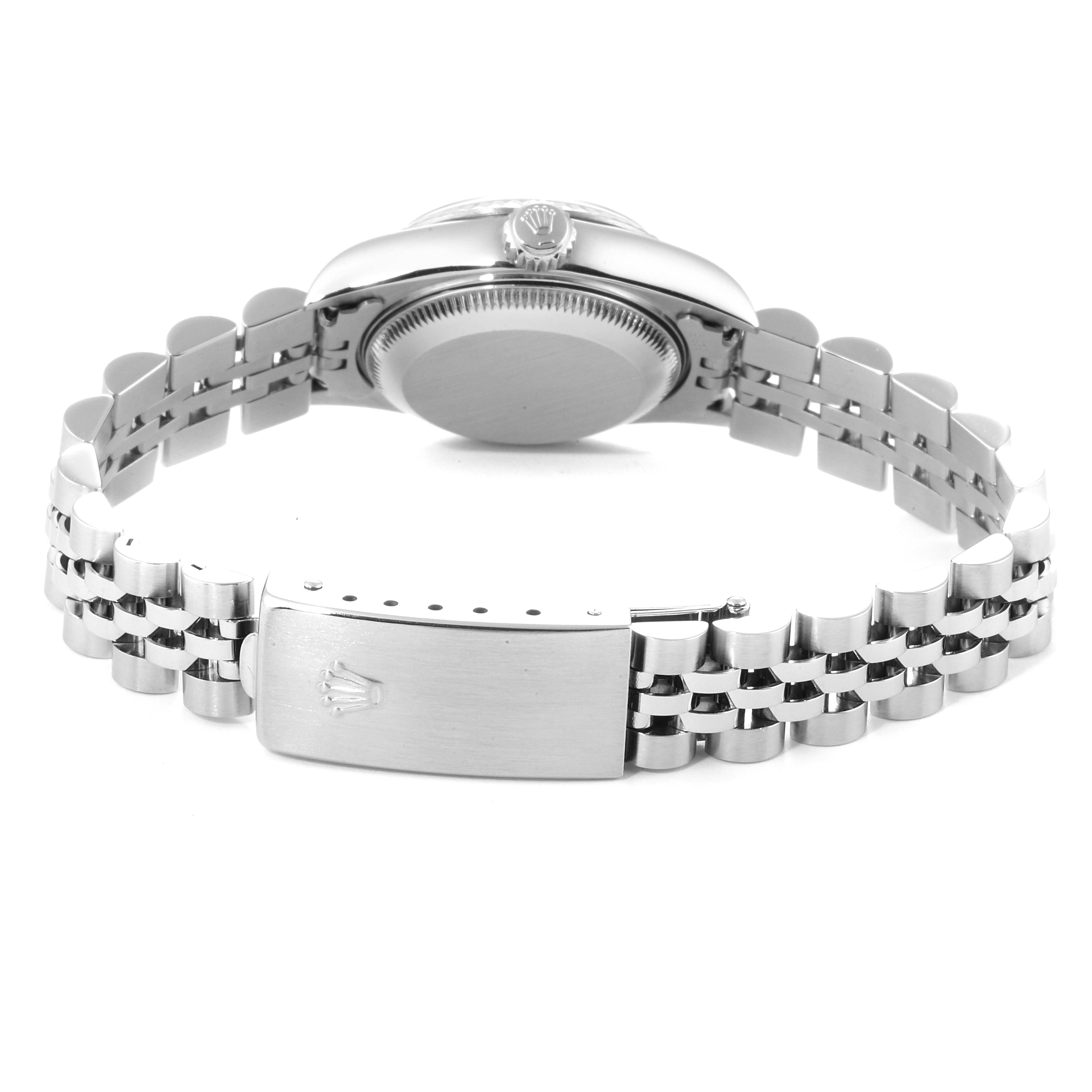 This image shows the back view of a Rolex Datejust 79174 Women
s Stainless Steel Mother of Pearl Dial 79174 Women
s Stainless Steel Mother of Pearl Dial watch, highlighting the case back and the Jubilee bracelet with the clasp open.