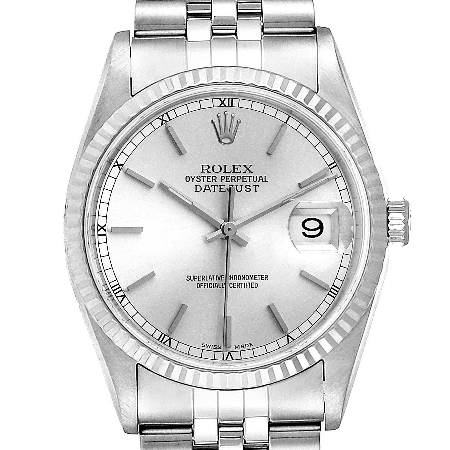 The image shows a front view of a Rolex Datejust 16234 Men's Stainless Steel Silver Dial 16234 Men's Stainless Steel Silver Dial watch, displaying the dial, hands, bezel, and part of the bracelet.