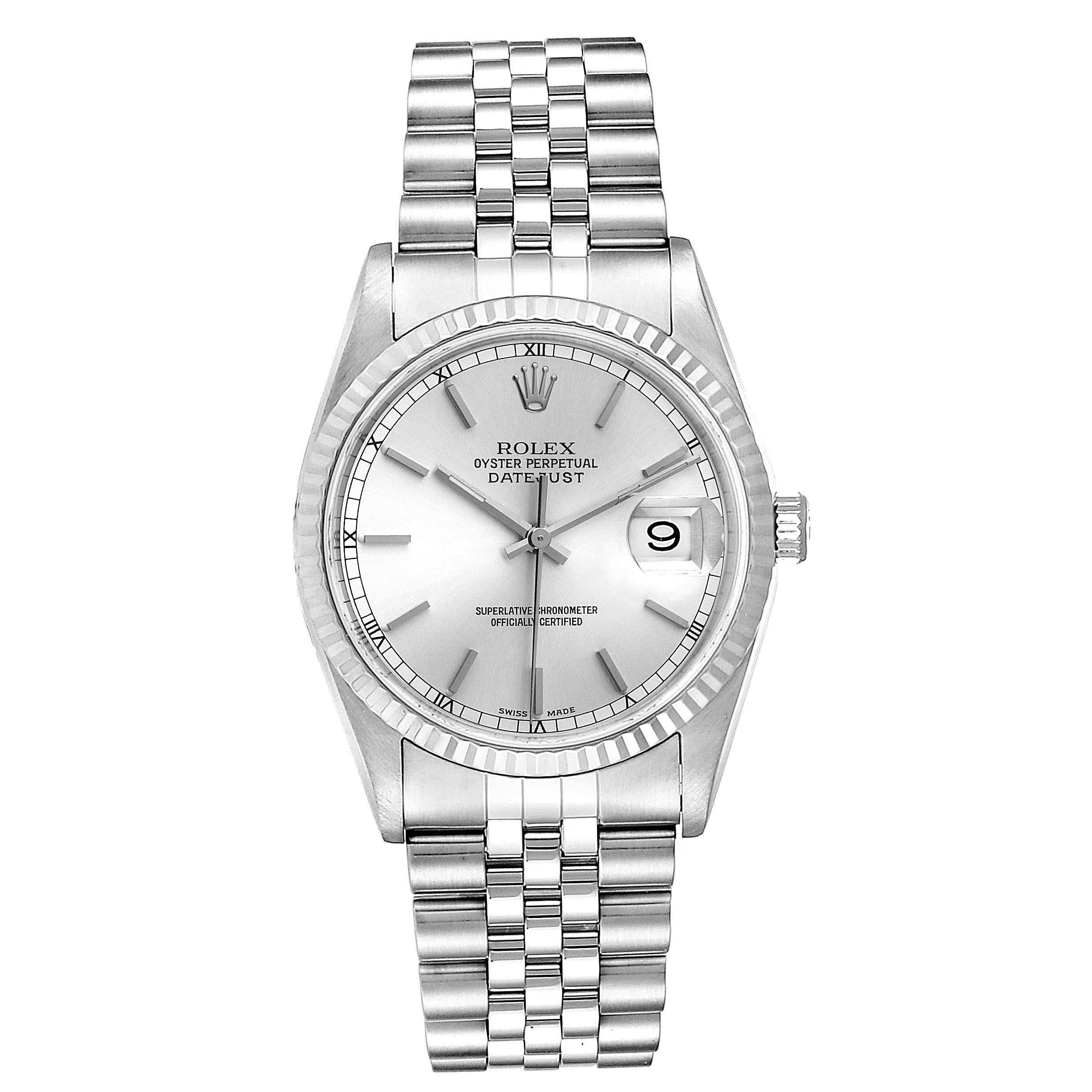 The image shows a front view of a Rolex Datejust 16234 Men's Stainless Steel Silver Dial 16234 Men's Stainless Steel Silver Dial watch, highlighting the dial, bezel, and bracelet.